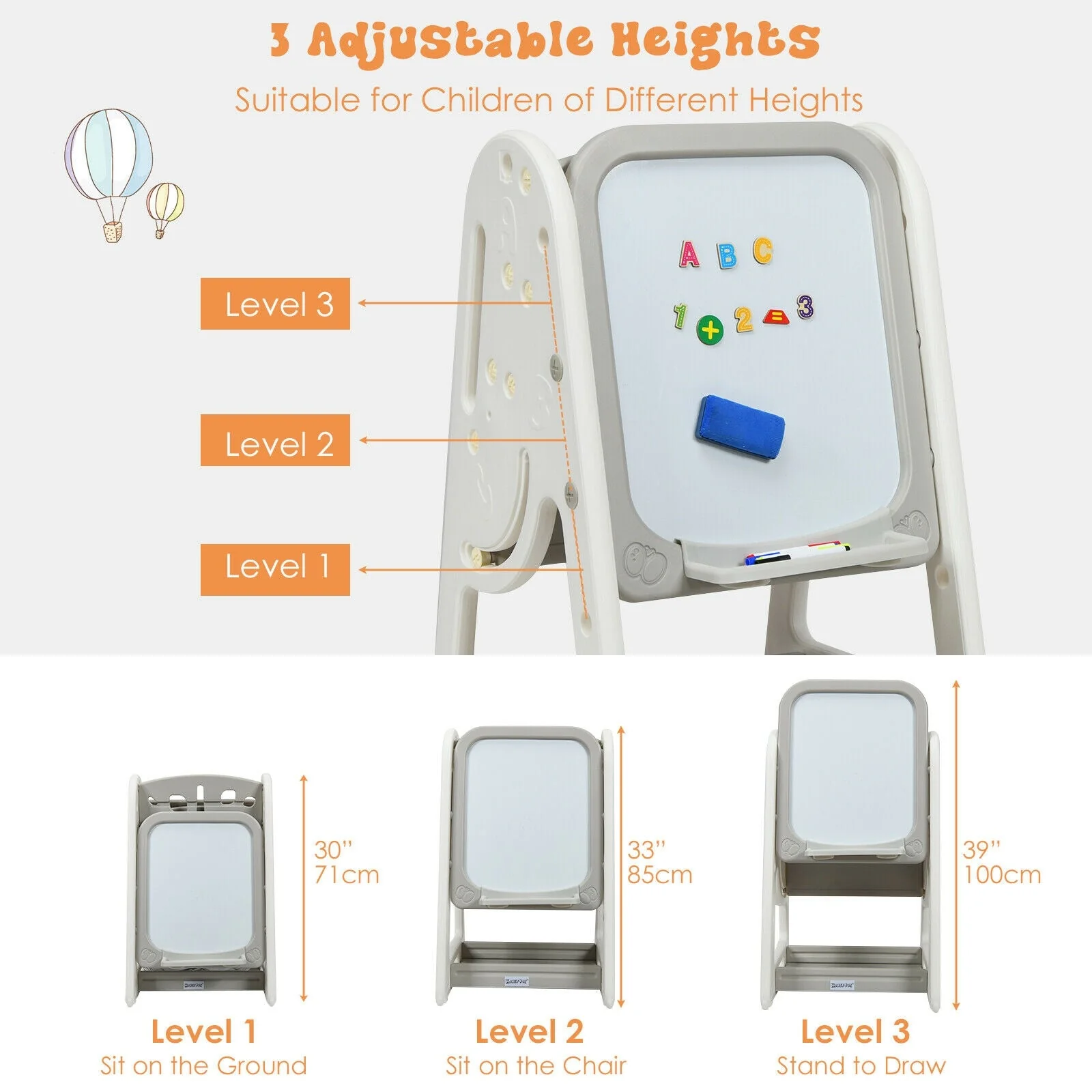 2-in-1 Kids Easel Desk Chair Set Book Rack Adjustable Art Painting Board-Gray - Image 2