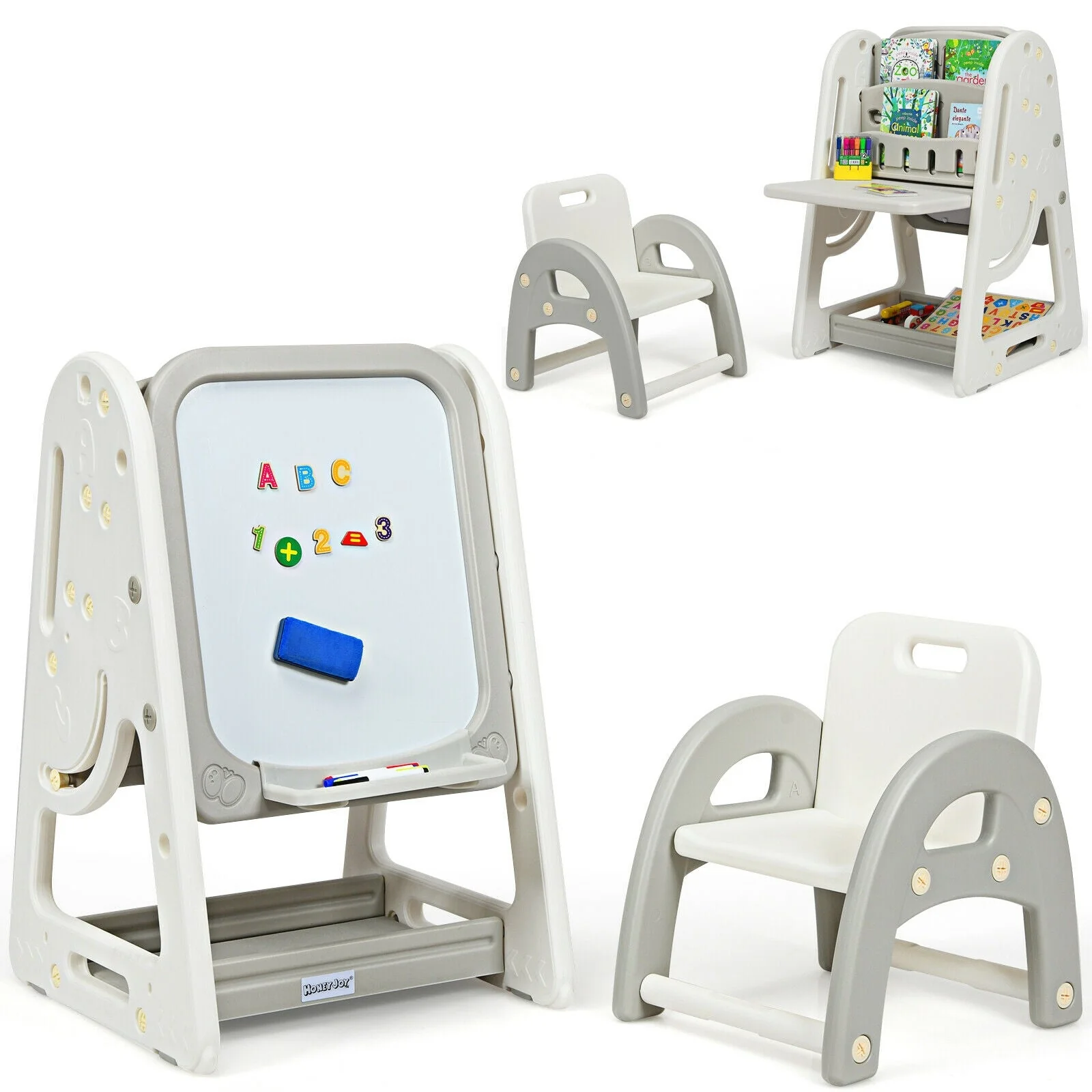 2-in-1 Kids Easel Desk Chair Set Book Rack Adjustable Art Painting Board-Gray - Image 3