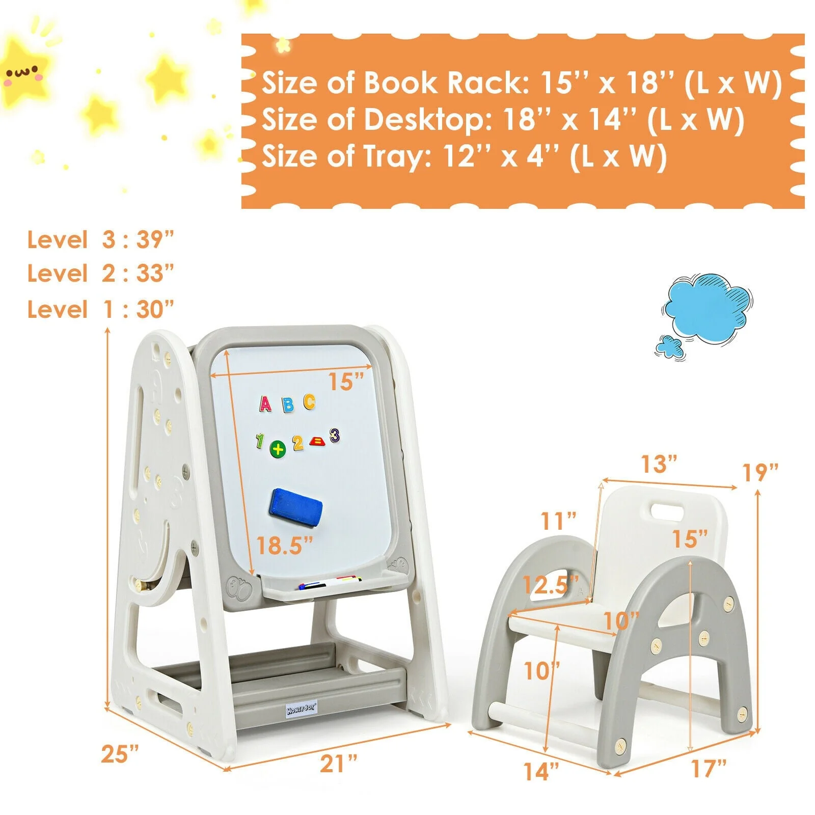 2-in-1 Kids Easel Desk Chair Set Book Rack Adjustable Art Painting Board-Gray - Image 4