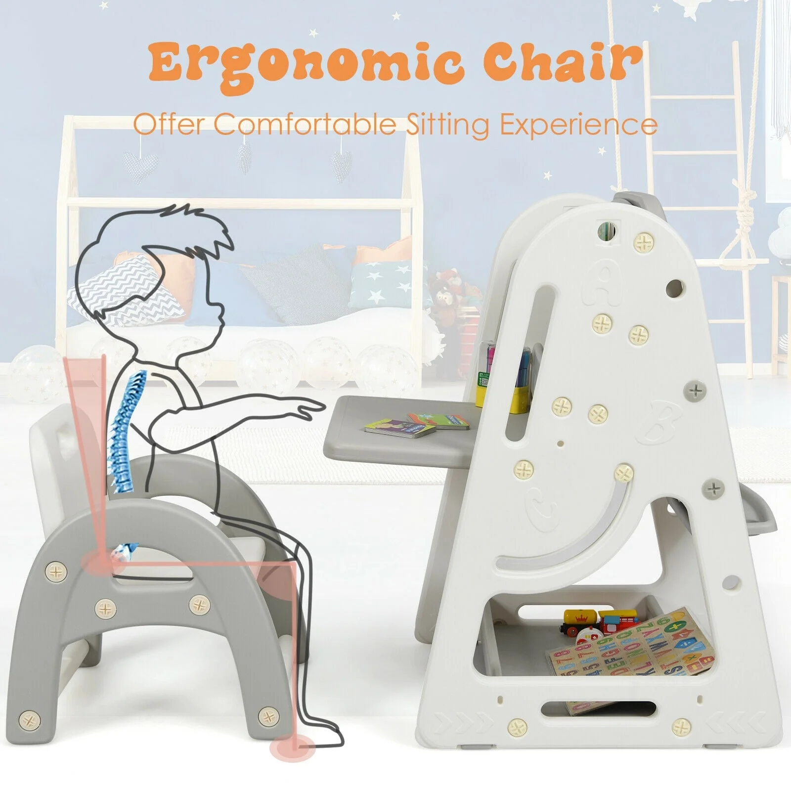 2-in-1 Kids Easel Desk Chair Set Book Rack Adjustable Art Painting Board-Gray - Image 5