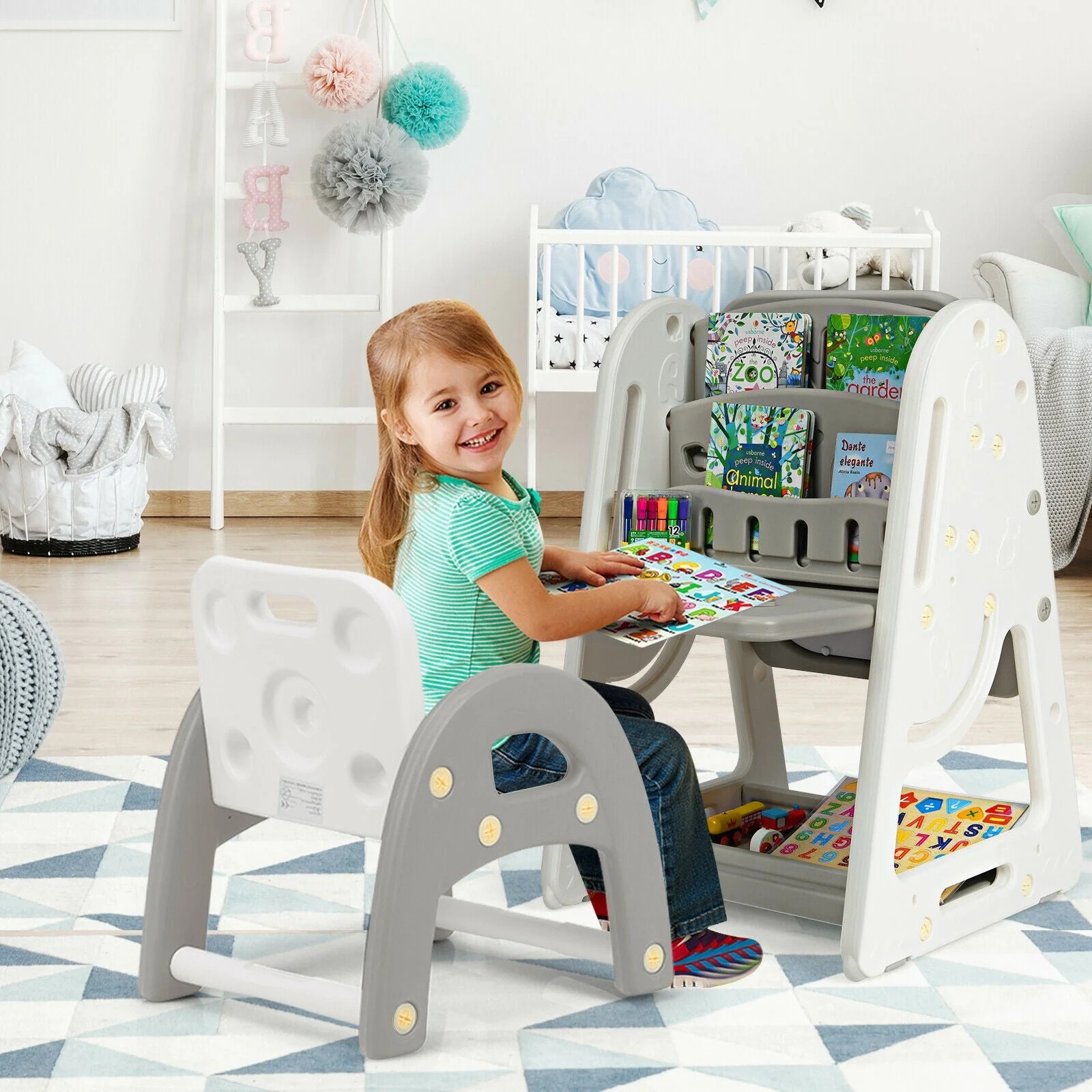 2-in-1 Kids Easel Desk Chair Set Book Rack Adjustable Art Painting Board-Gray - Image 6