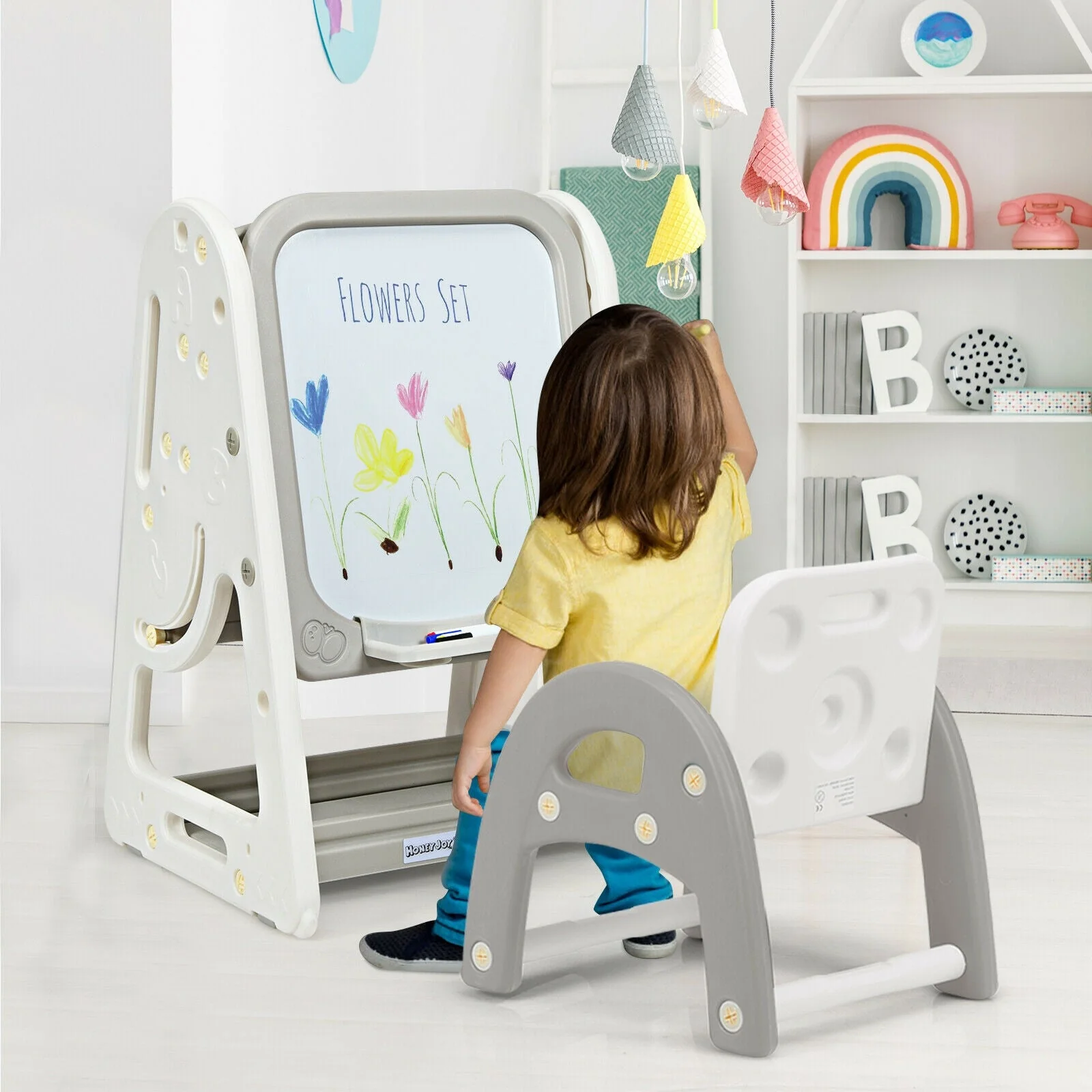 2-in-1 Kids Easel Desk Chair Set Book Rack Adjustable Art Painting Board-Gray - Image 7