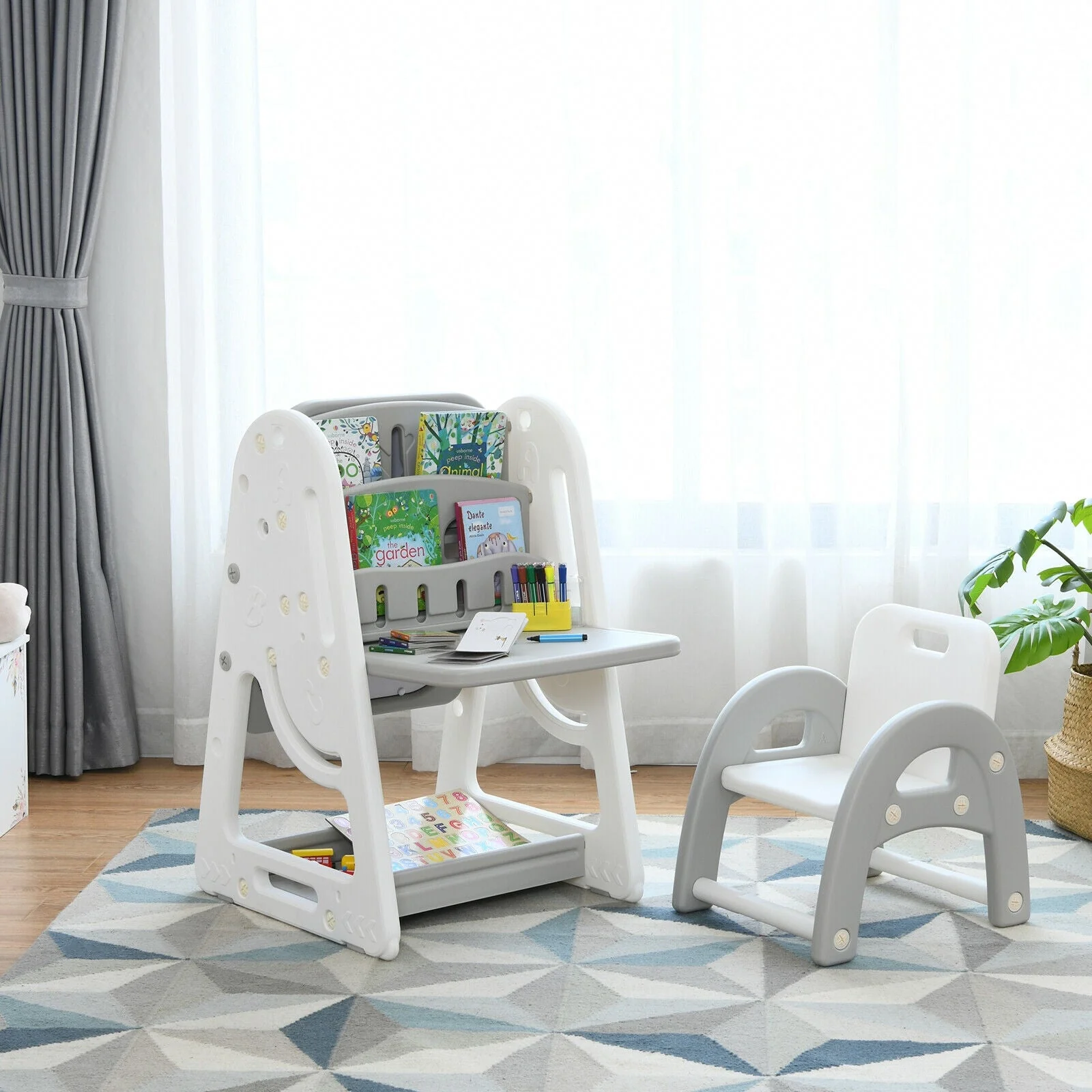 2-in-1 Kids Easel Desk Chair Set Book Rack Adjustable Art Painting Board-Gray - Image 8