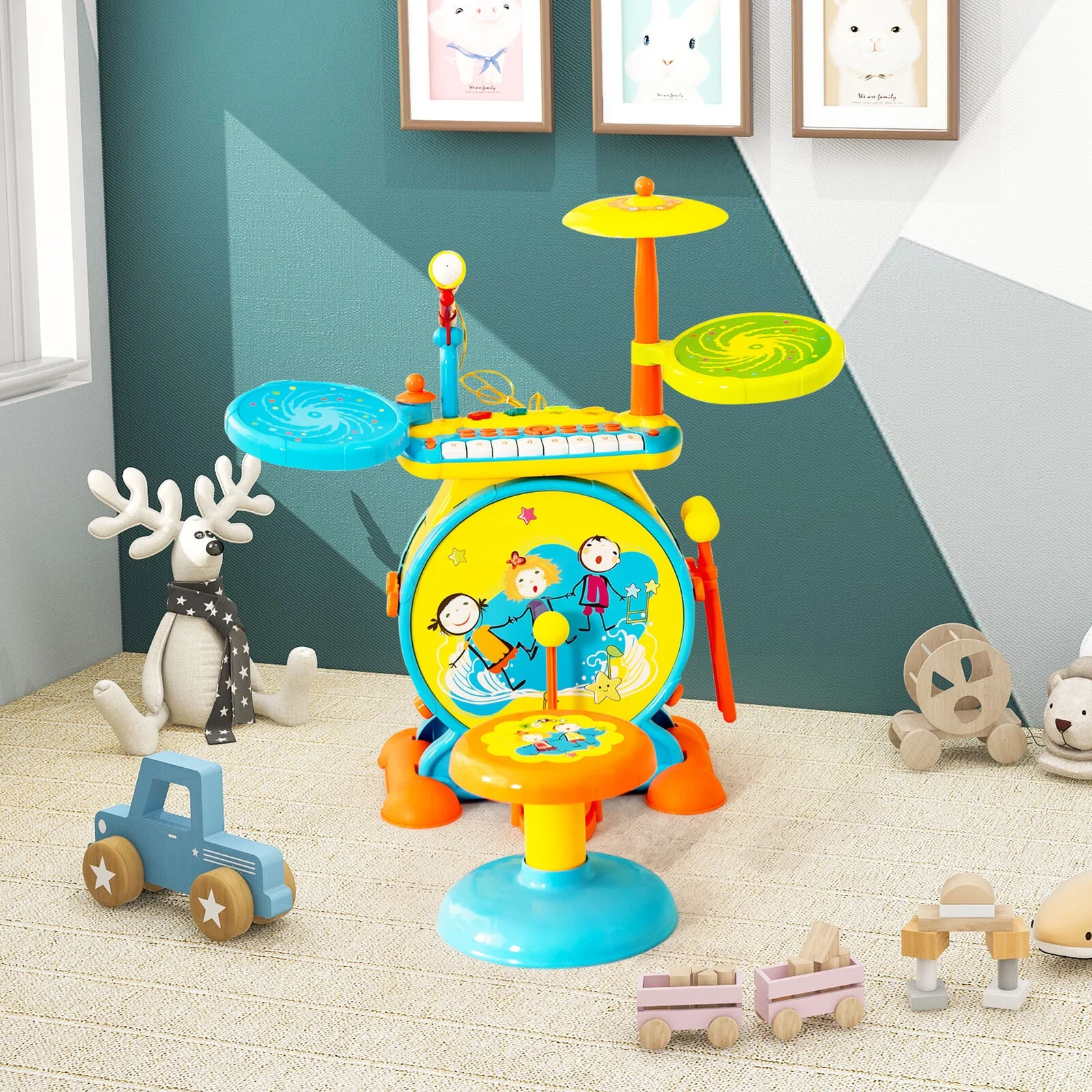 2-in-1 Kids Electronic Drum and Keyboard Set with Stool-Blue - Image 2