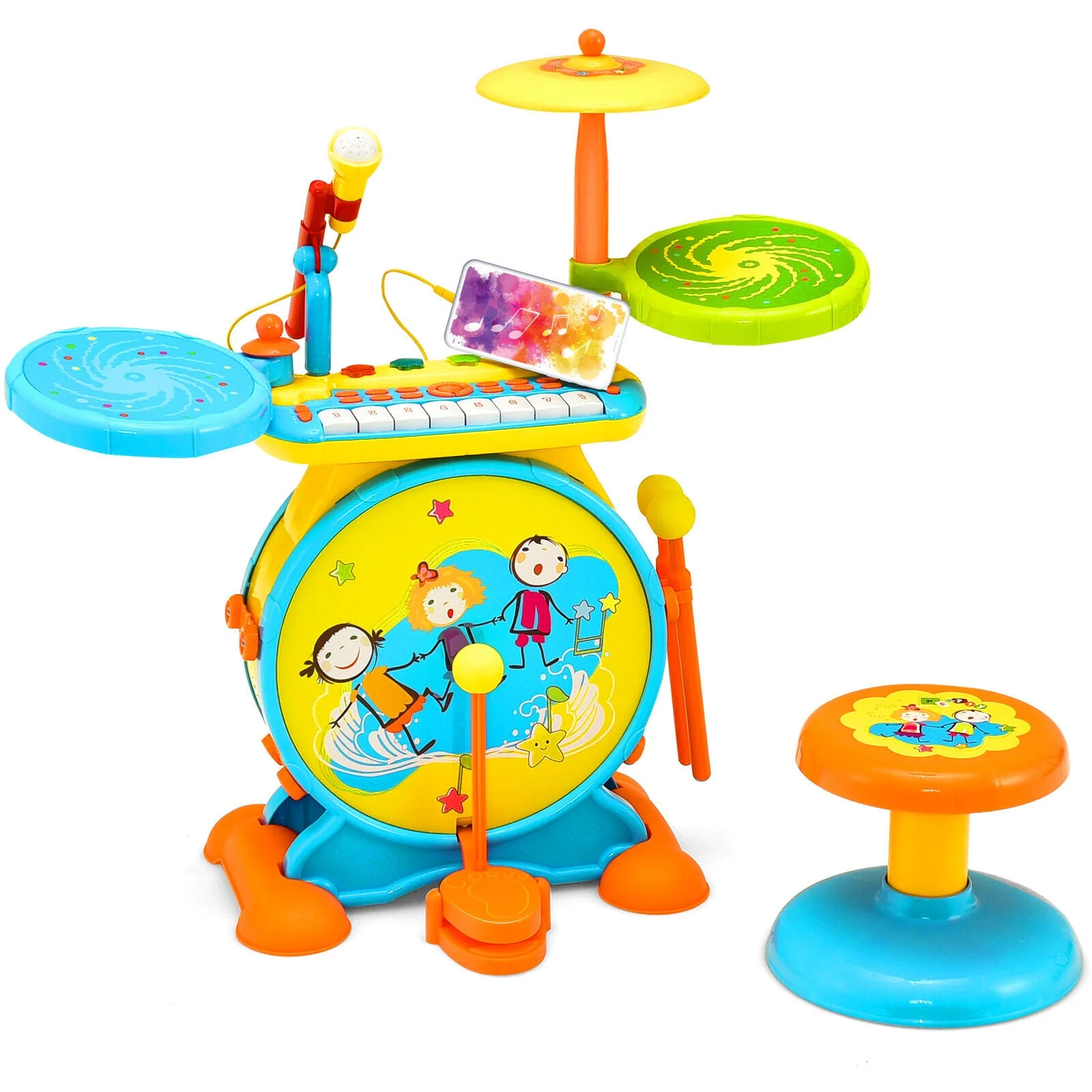 2-in-1 Kids Electronic Drum and Keyboard Set with Stool-Blue - Image 3