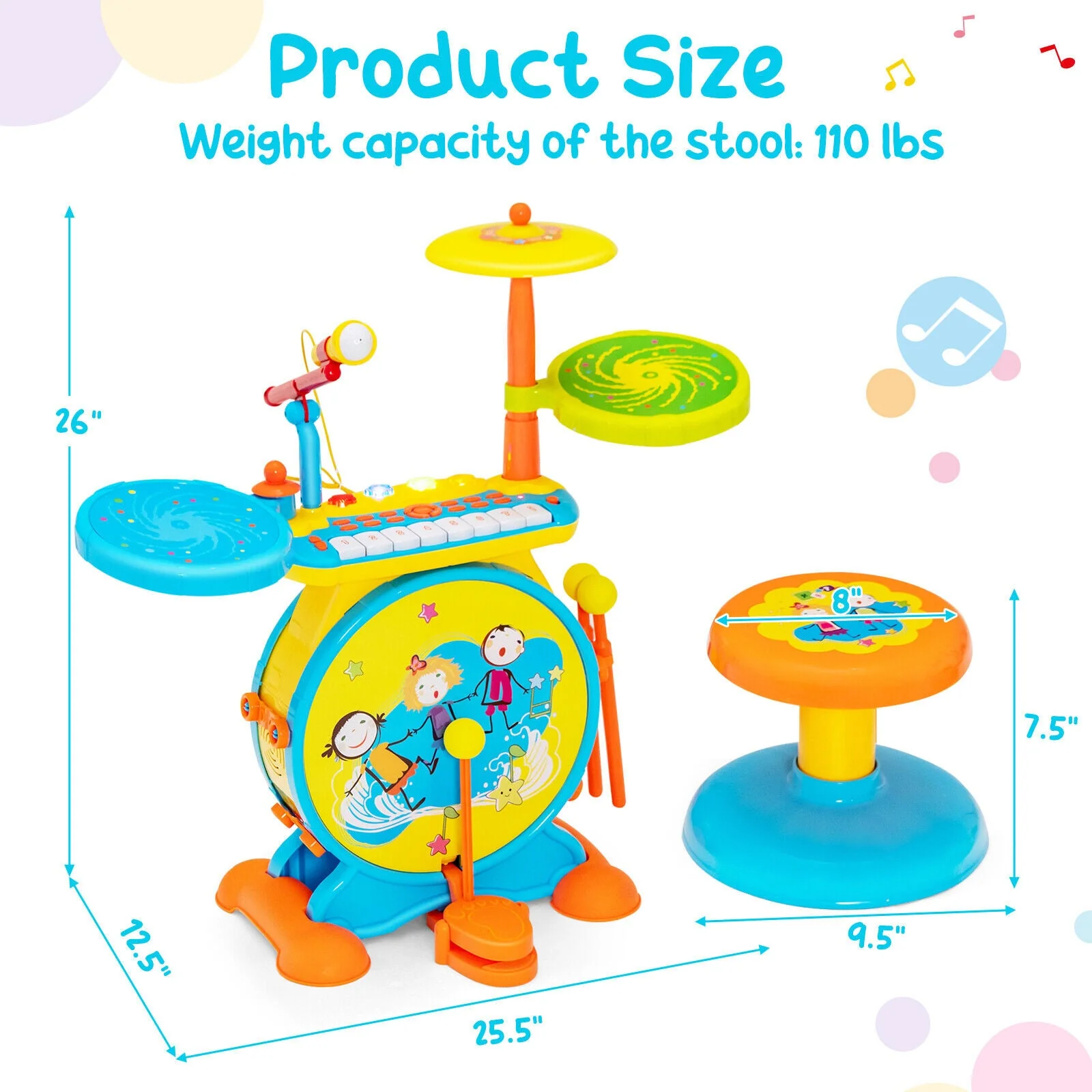 2-in-1 Kids Electronic Drum and Keyboard Set with Stool-Blue - Image 4