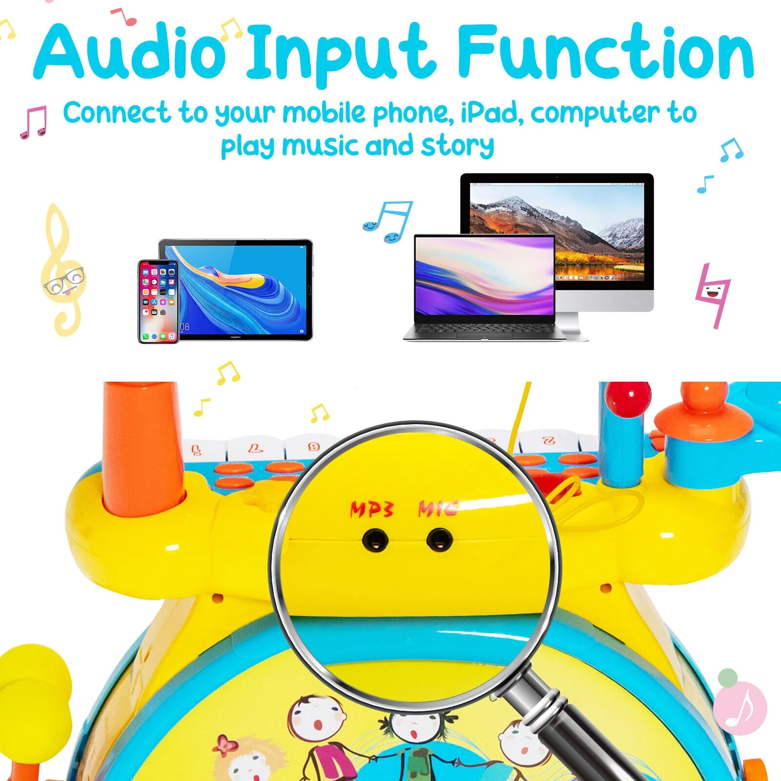 2-in-1 Kids Electronic Drum and Keyboard Set with Stool-Blue - Image 6