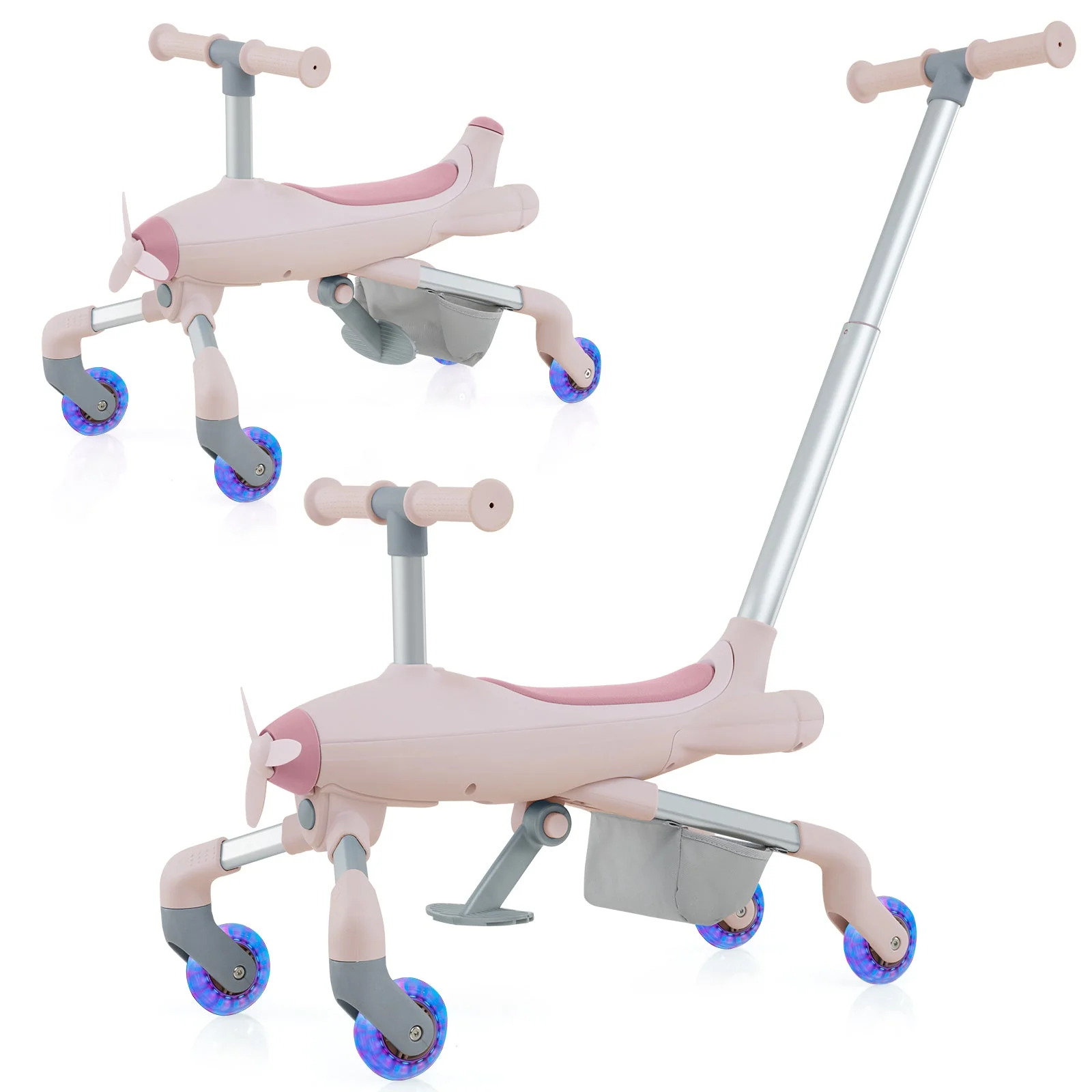 2-in-1 Kids Ride-on Push Car with LED Lighted Wheels-Pink - Image 3
