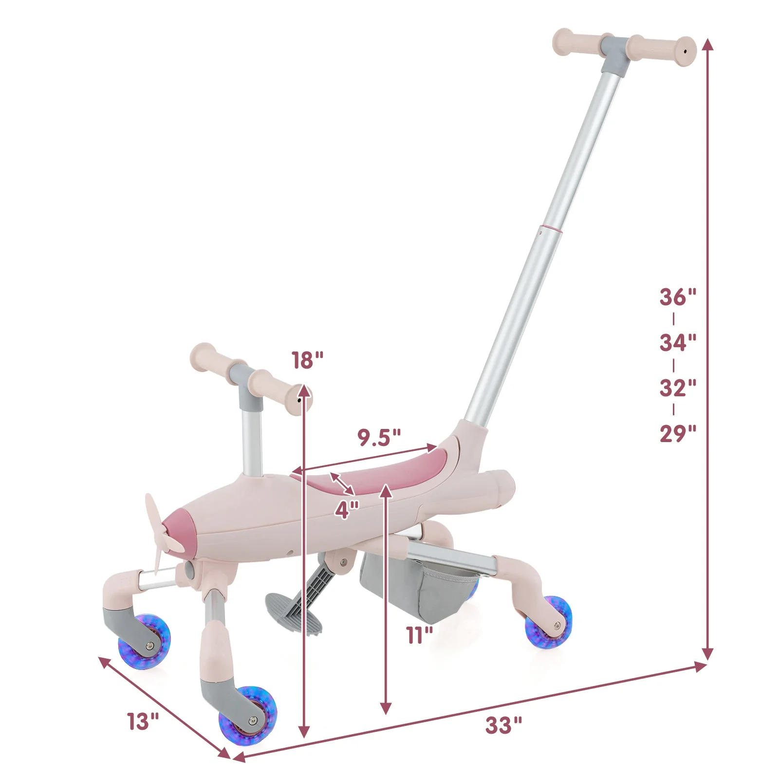 2-in-1 Kids Ride-on Push Car with LED Lighted Wheels-Pink - Image 5