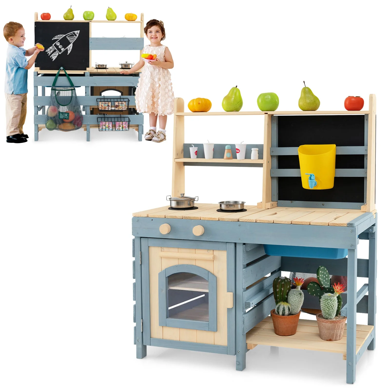 2-In-1 Outdoor Mud Kitchen with Faucet and Extra Chalkboard - Image 4