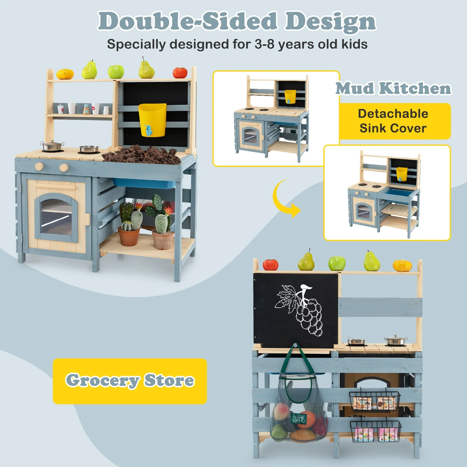 2-In-1 Outdoor Mud Kitchen with Faucet and Extra Chalkboard - Image 6