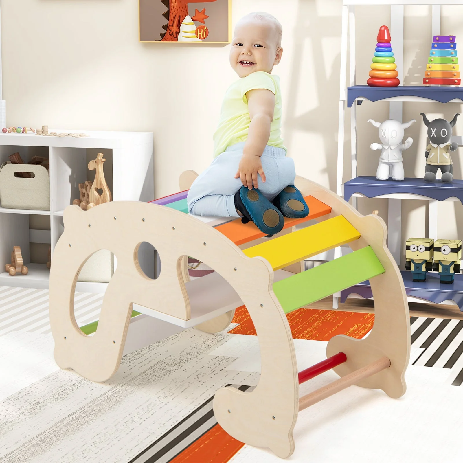2-in-1 Rocking Horse Arch for Kids Montessori Climbing Toys with Arch Climber-Multicolor - Image 2