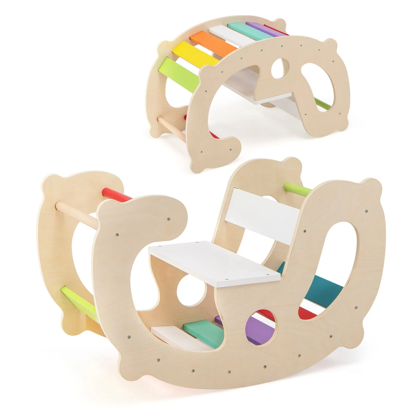 2-in-1 Rocking Horse Arch for Kids Montessori Climbing Toys with Arch Climber-Multicolor - Image 3