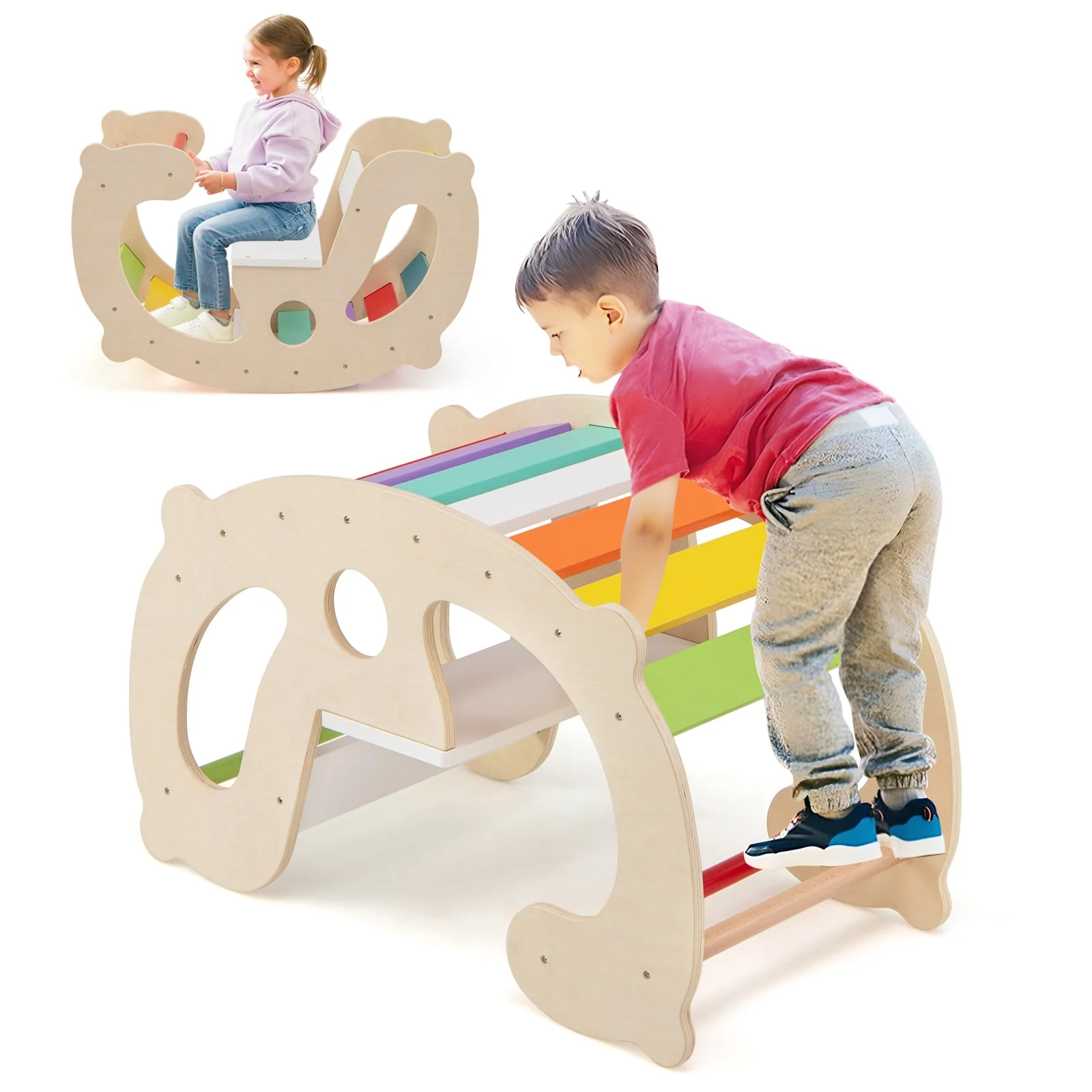 2-in-1 Rocking Horse Arch for Kids Montessori Climbing Toys with Arch Climber-Multicolor - Image 4