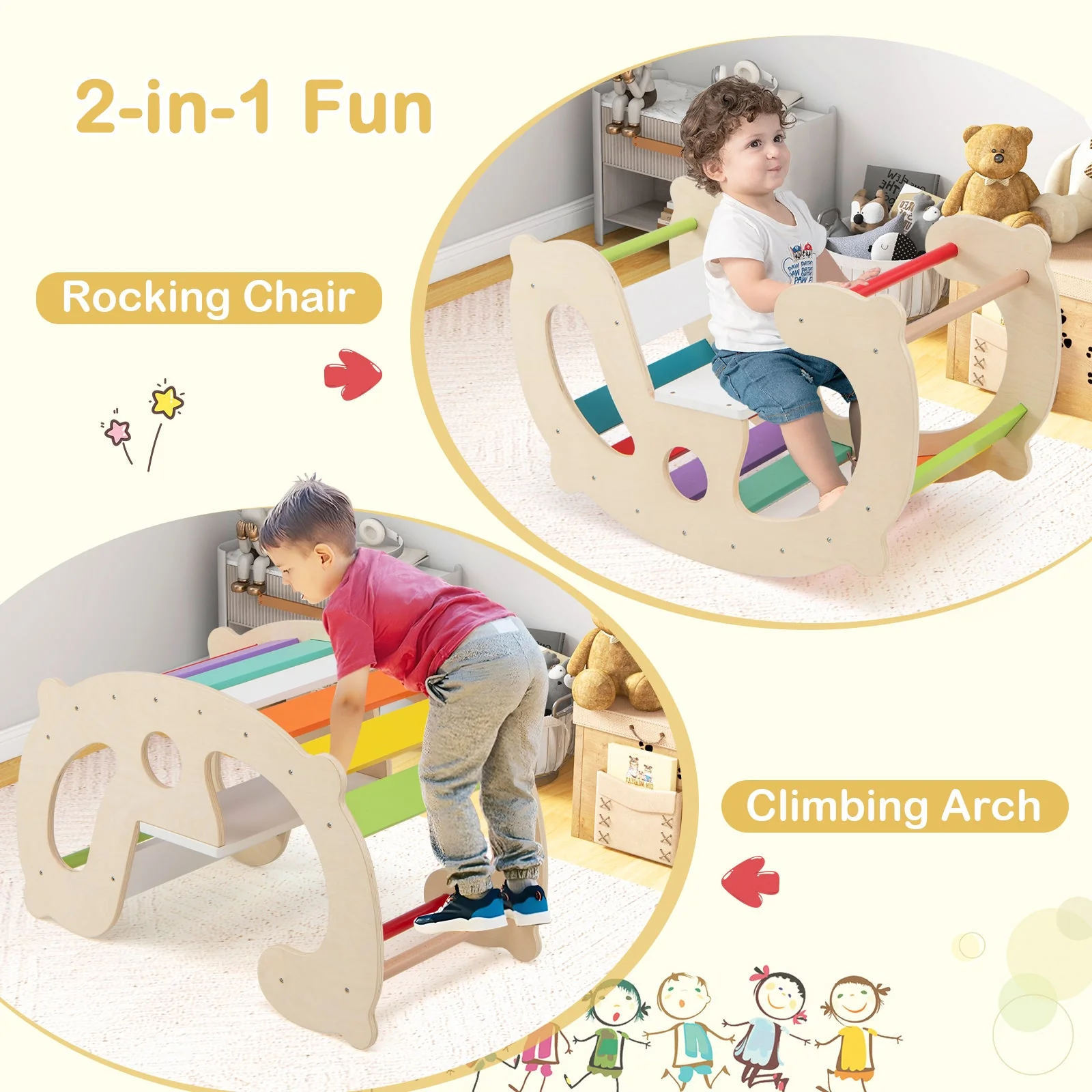 2-in-1 Rocking Horse Arch for Kids Montessori Climbing Toys with Arch Climber-Multicolor - Image 6