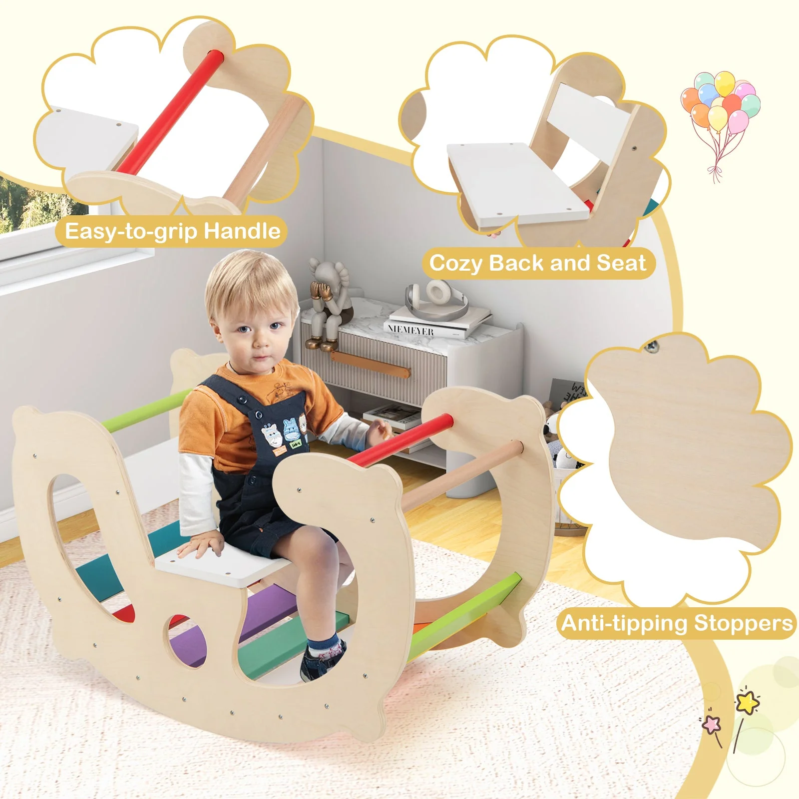 2-in-1 Rocking Horse Arch for Kids Montessori Climbing Toys with Arch Climber-Multicolor - Image 7