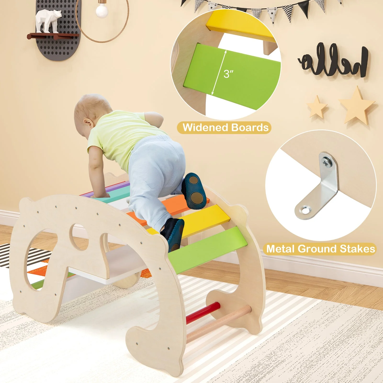 2-in-1 Rocking Horse Arch for Kids Montessori Climbing Toys with Arch Climber-Multicolor - Image 8