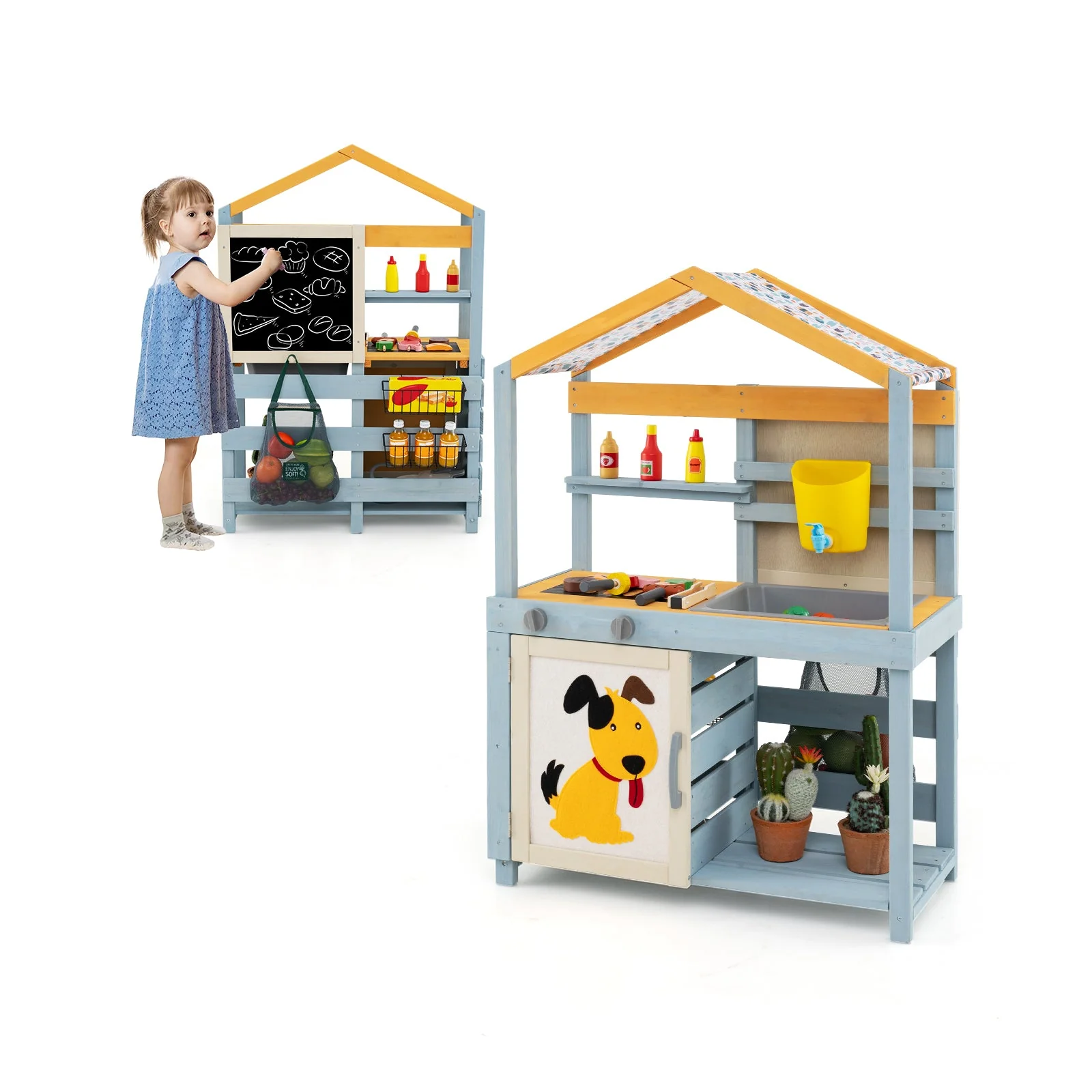 2 in 1 Wooden Mud Kitchen with Removable Water Box  and Storage Bag-Gray - Image 2