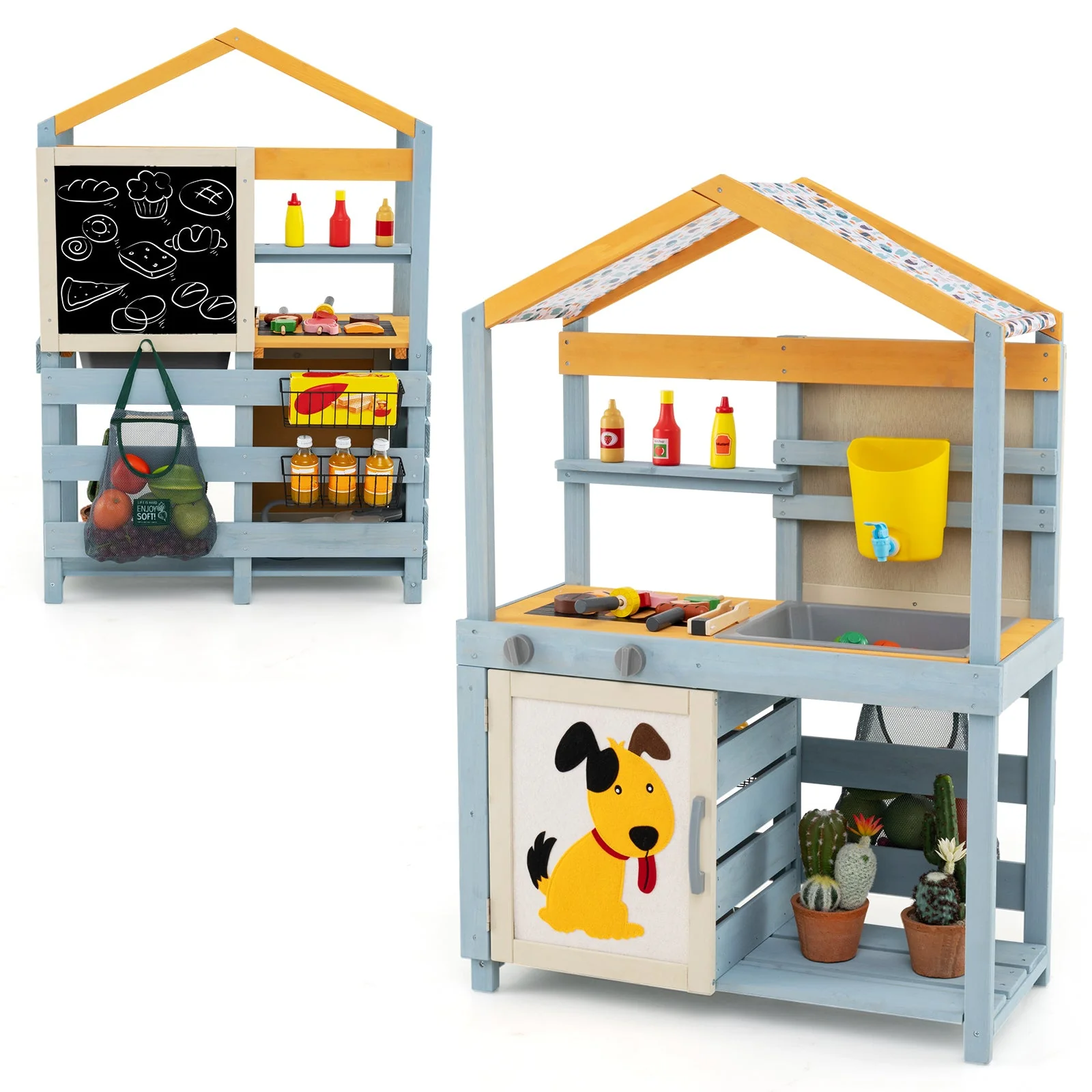 2 in 1 Wooden Mud Kitchen with Removable Water Box  and Storage Bag-Gray - Image 3
