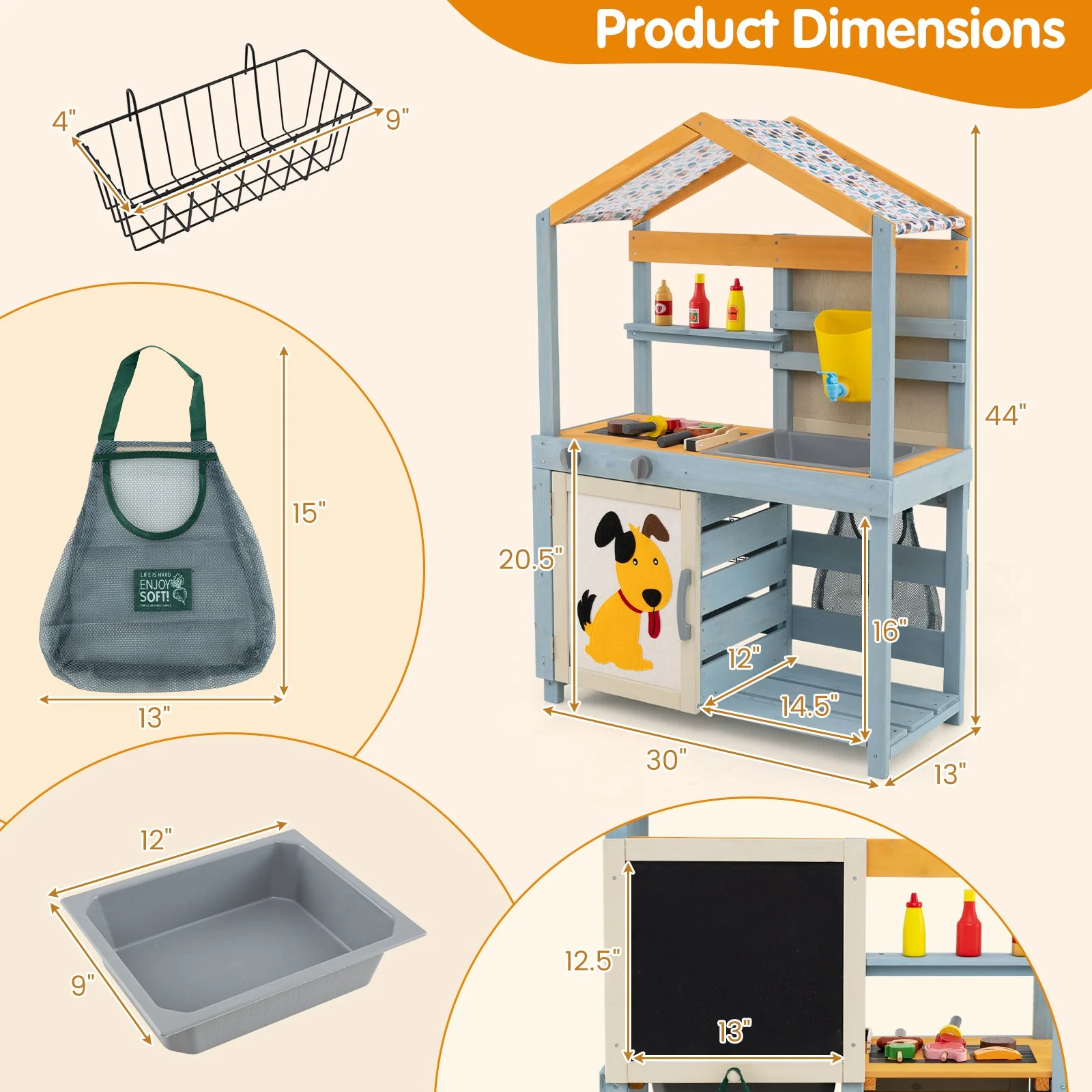 2 in 1 Wooden Mud Kitchen with Removable Water Box  and Storage Bag-Gray - Image 4