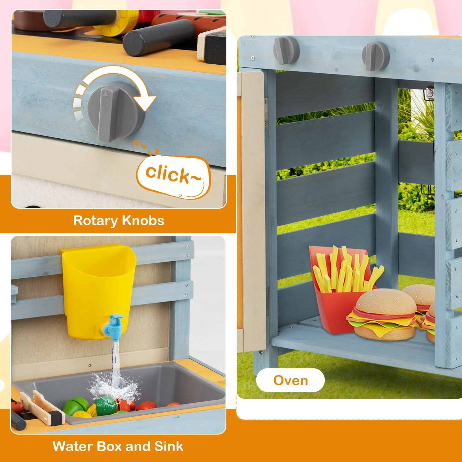 2 in 1 Wooden Mud Kitchen with Removable Water Box  and Storage Bag-Gray - Image 7