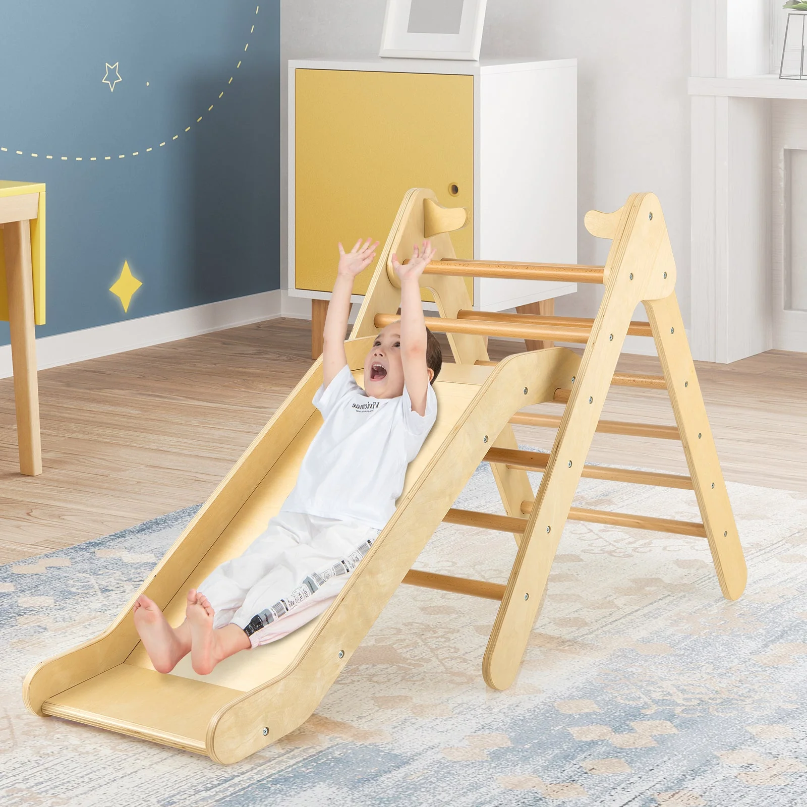 2-in-1 Wooden Triangle Climber Set with Gradient Adjustable Slide-Natural - Image 2