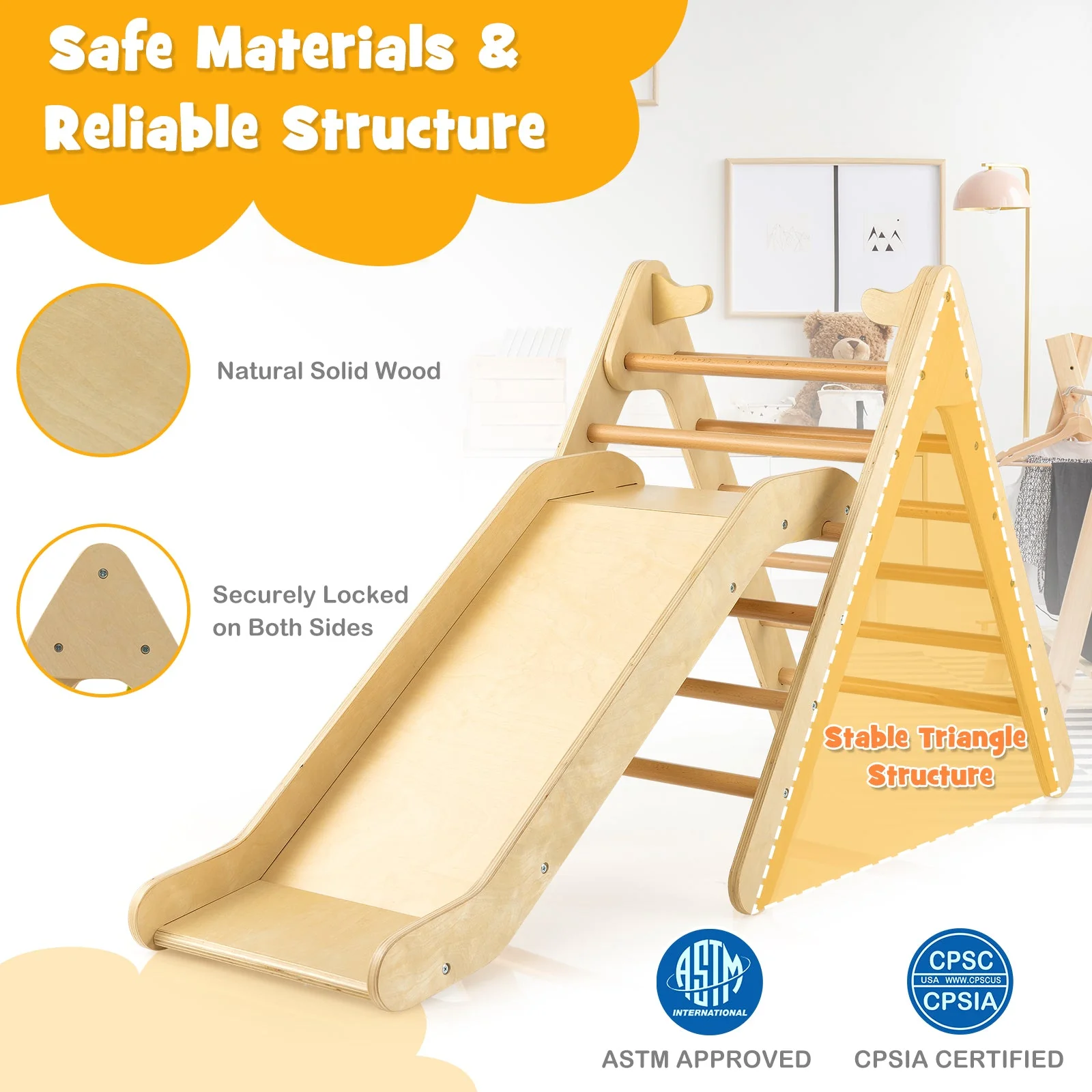 2-in-1 Wooden Triangle Climber Set with Gradient Adjustable Slide-Natural - Image 3