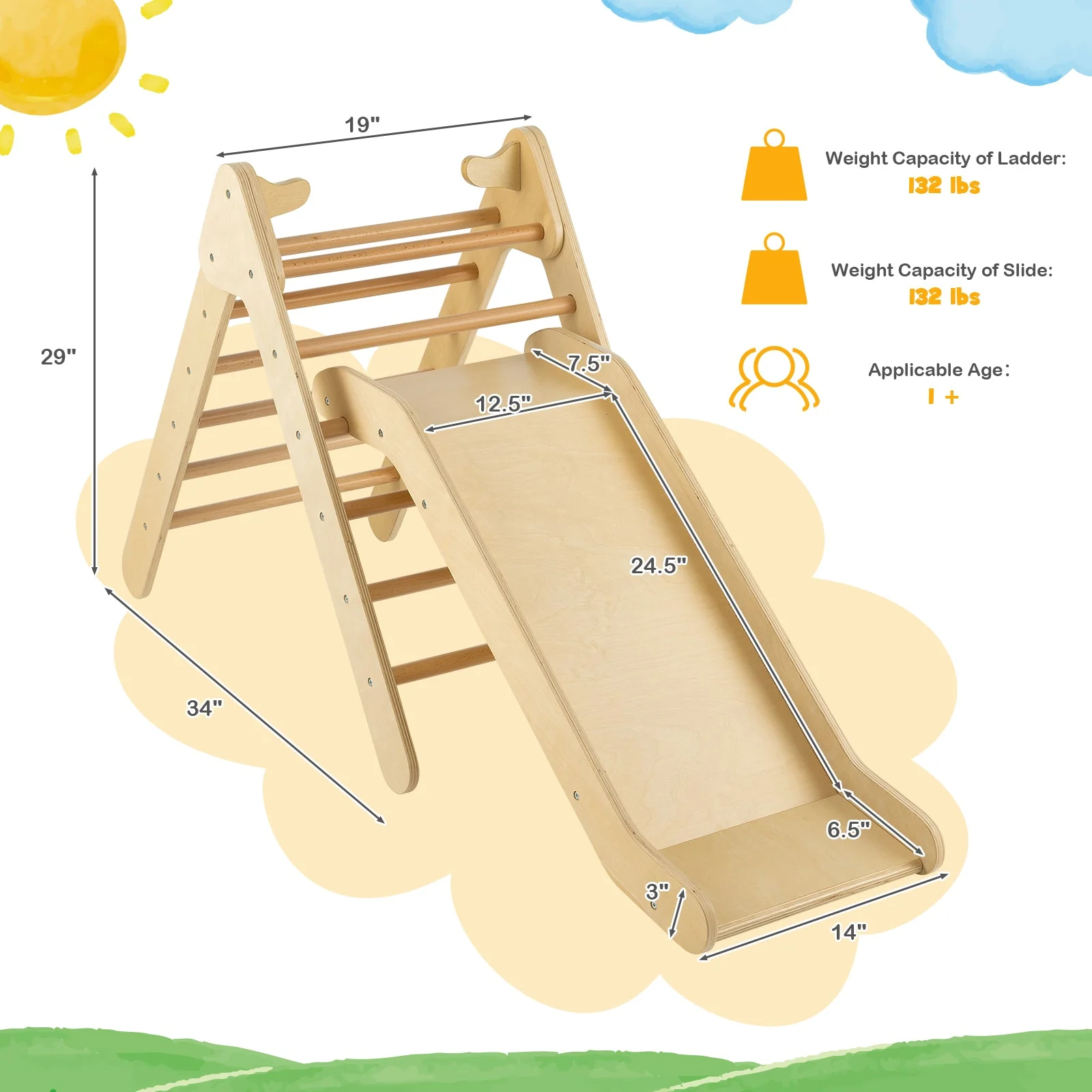 2-in-1 Wooden Triangle Climber Set with Gradient Adjustable Slide-Natural - Image 4