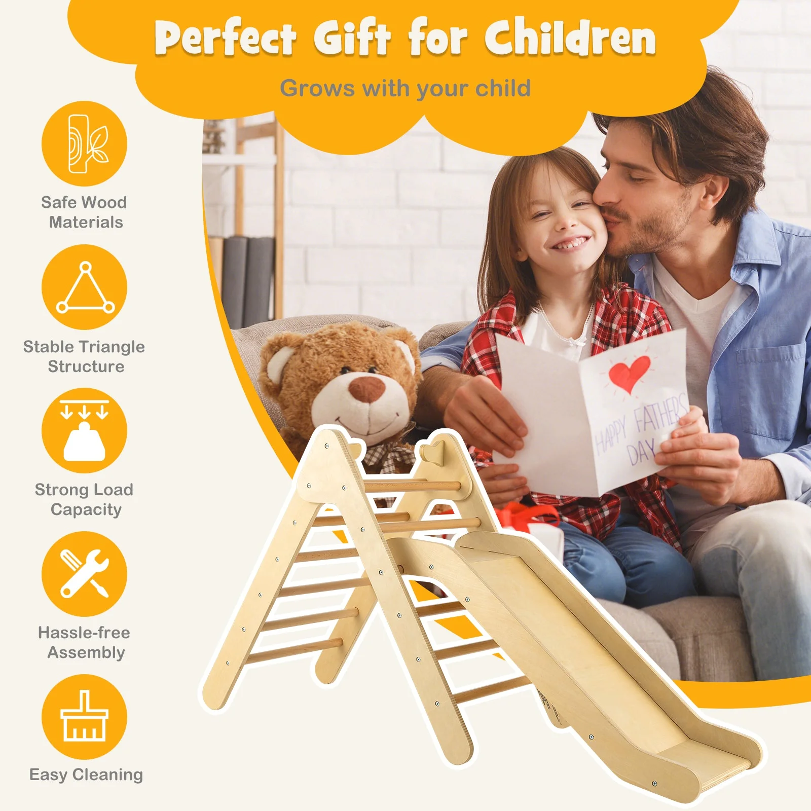 2-in-1 Wooden Triangle Climber Set with Gradient Adjustable Slide-Natural - Image 5
