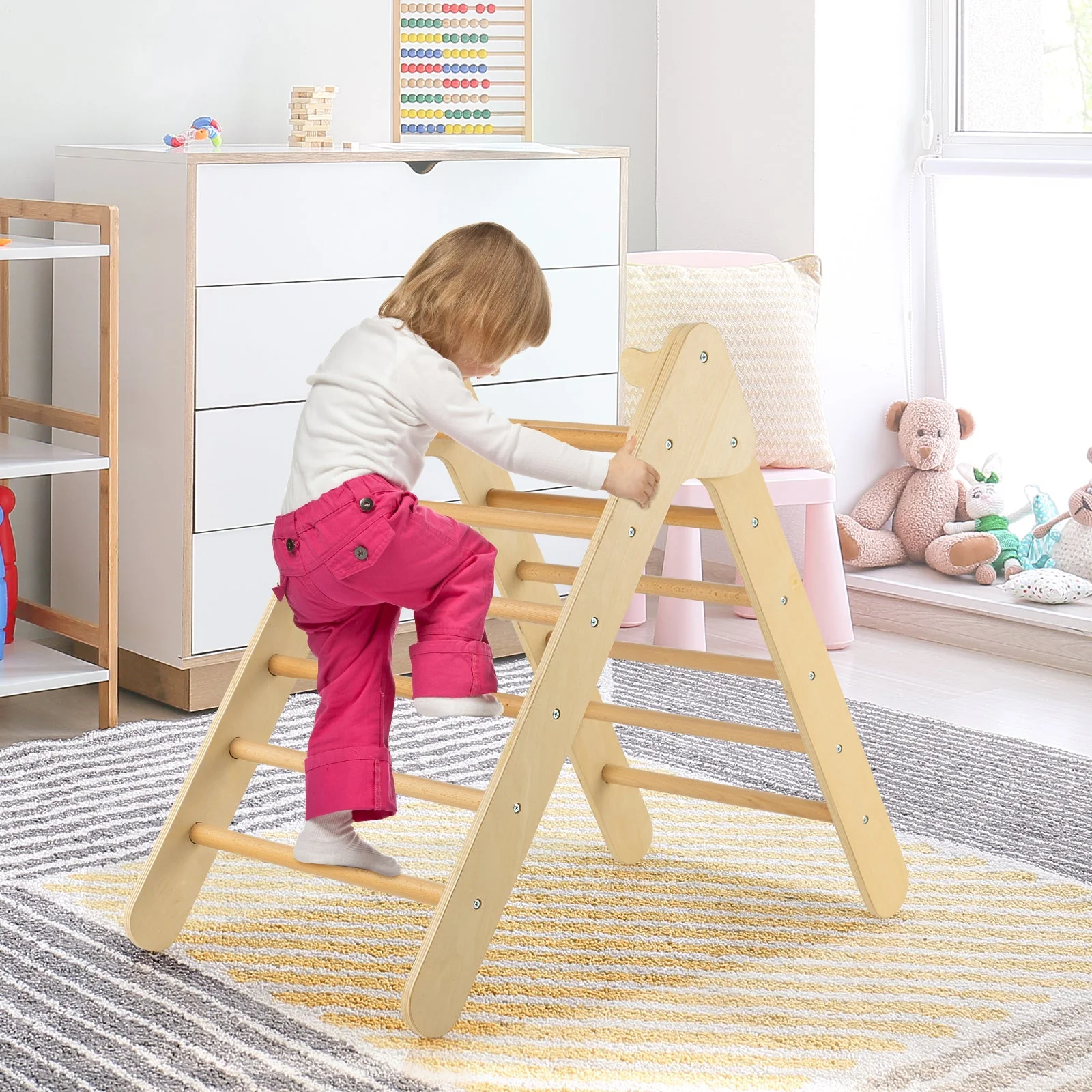 2-in-1 Wooden Triangle Climber Set with Gradient Adjustable Slide-Natural - Image 6