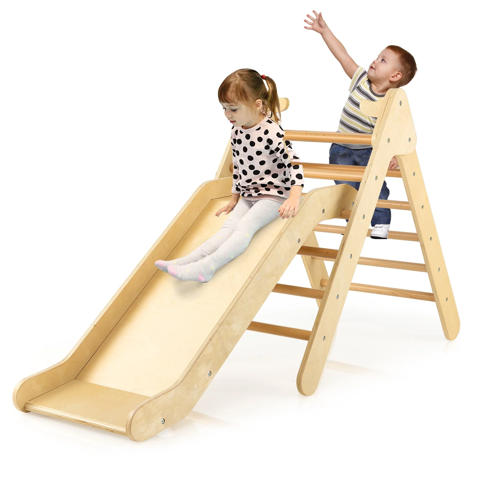2-in-1 Wooden Triangle Climber Set with Gradient Adjustable Slide-Natural - Image 7