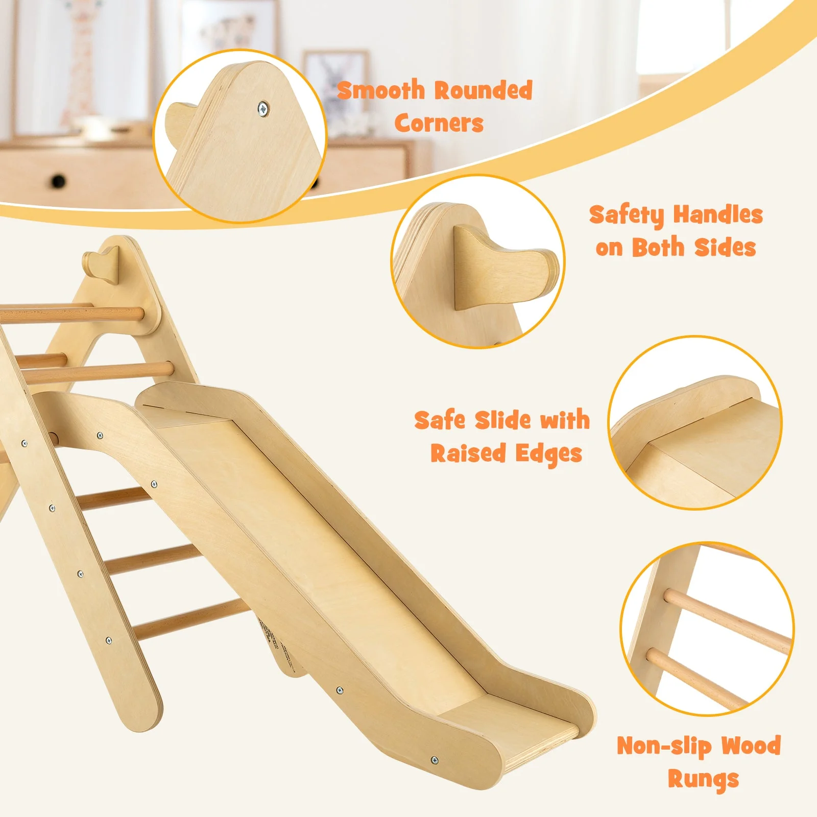 2-in-1 Wooden Triangle Climber Set with Gradient Adjustable Slide-Natural - Image 8