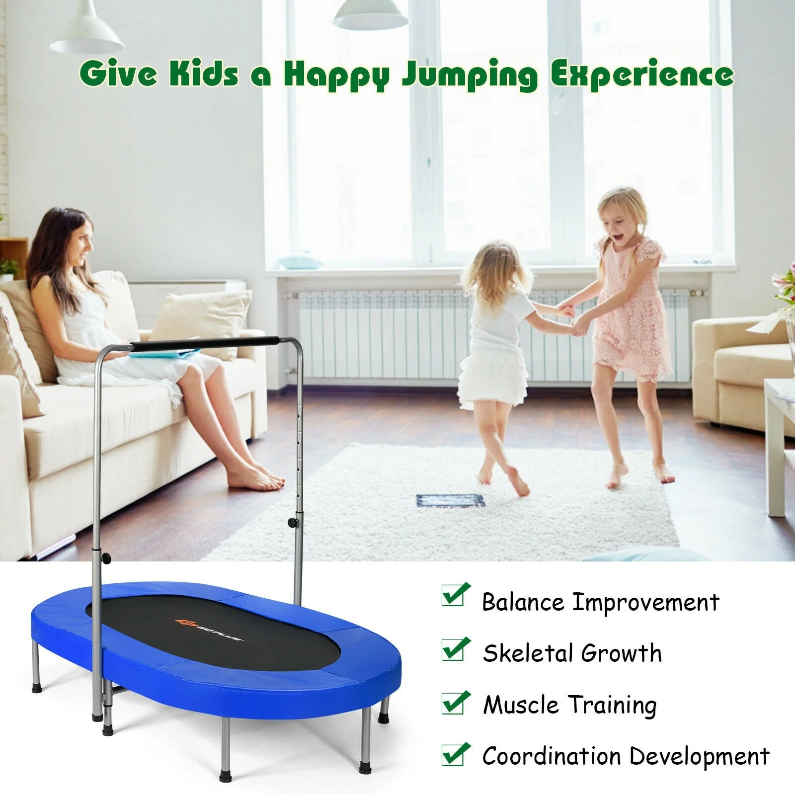 2-Person Foldable Mini Kids Fitness Rebounder Trampoline-Blue - Image 7