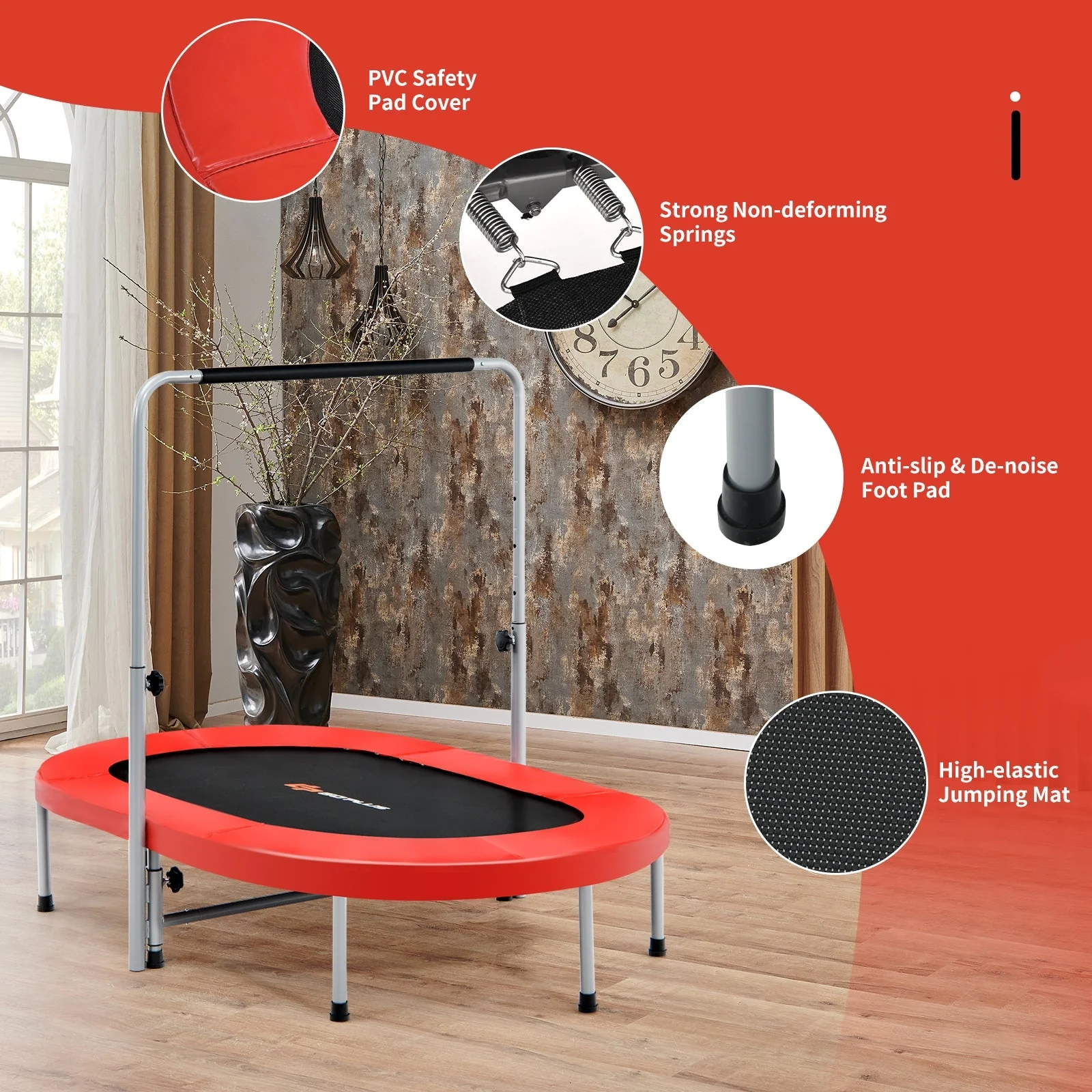 2-Person Foldable Mini Kids Fitness Rebounder Trampoline-Red - Image 5