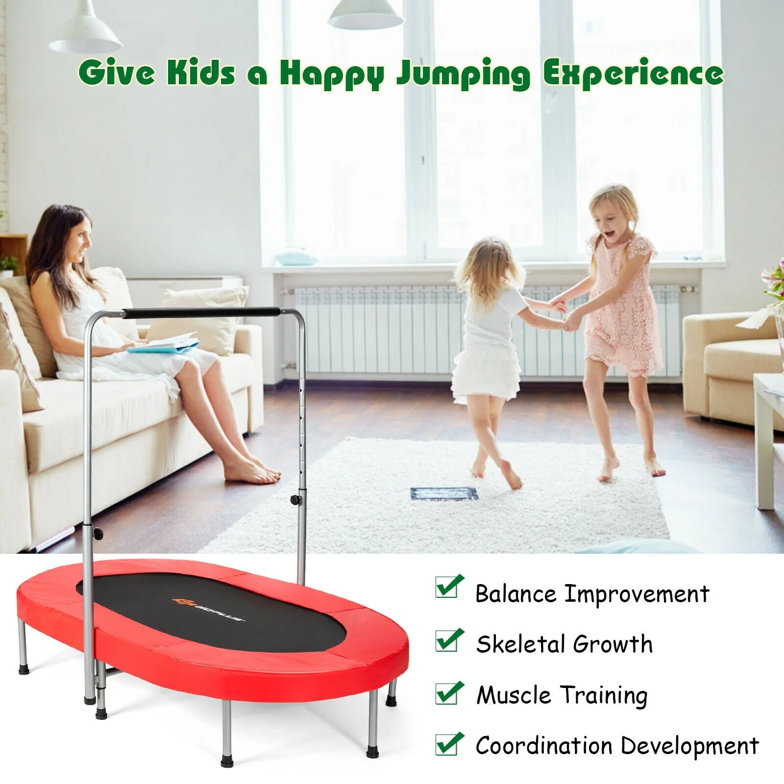 2-Person Foldable Mini Kids Fitness Rebounder Trampoline-Red - Image 7