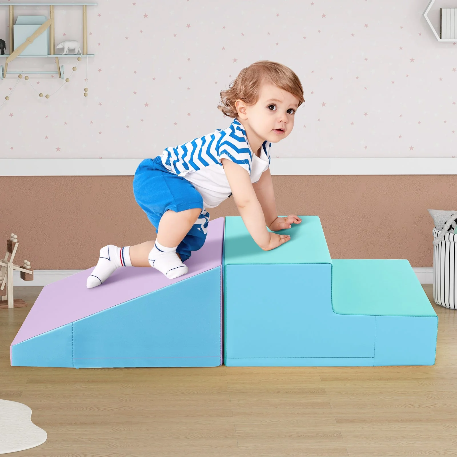 2-Piece Step and Slide Climber for Infants and Toddlers Baby Soft Play Set Foam Blocks-Blue - Image 2