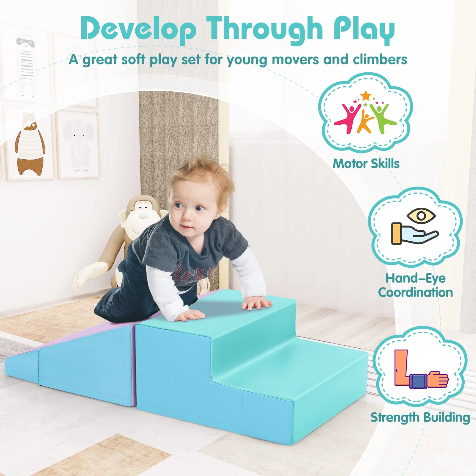 2-Piece Step and Slide Climber for Infants and Toddlers Baby Soft Play Set Foam Blocks-Blue - Image 7