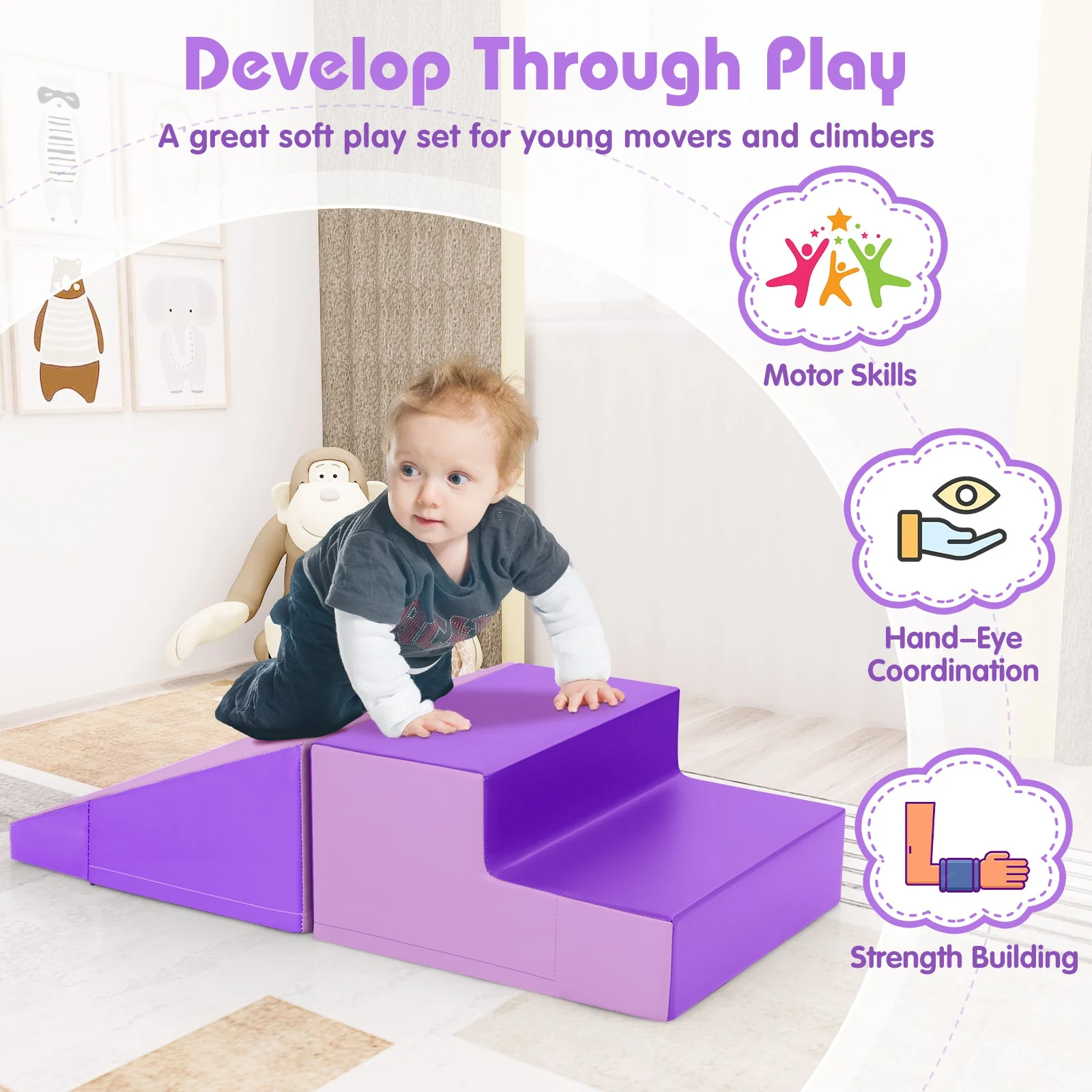 2-Piece Step and Slide Climber for Infants and Toddlers Baby Soft Play Set Foam Blocks-Purple - Image 8
