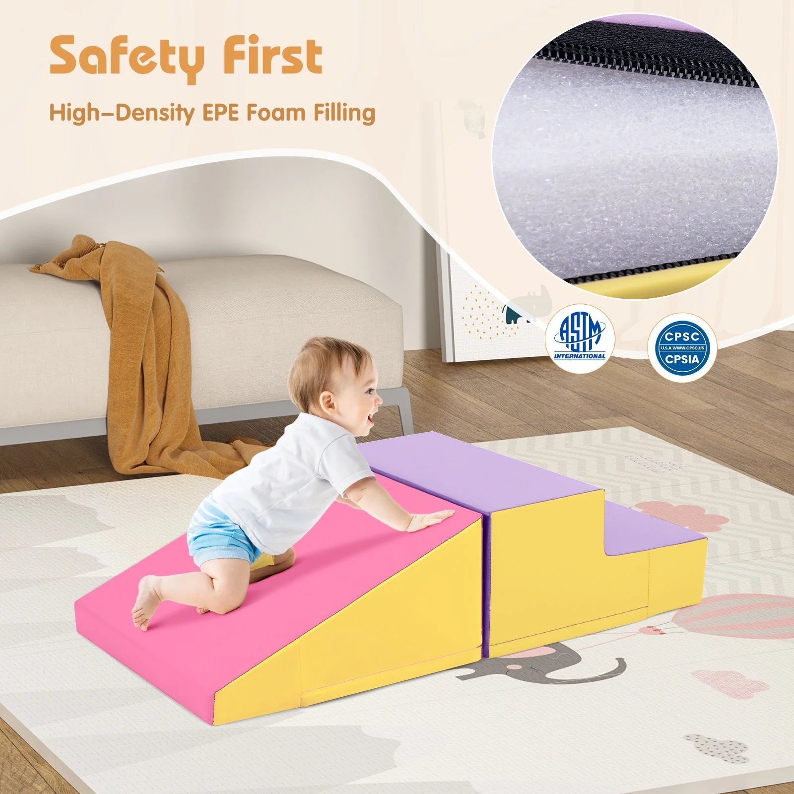 2-Piece Step and Slide Climber for Infants and Toddlers Baby Soft Play Set Foam Blocks-Yellow - Image 8