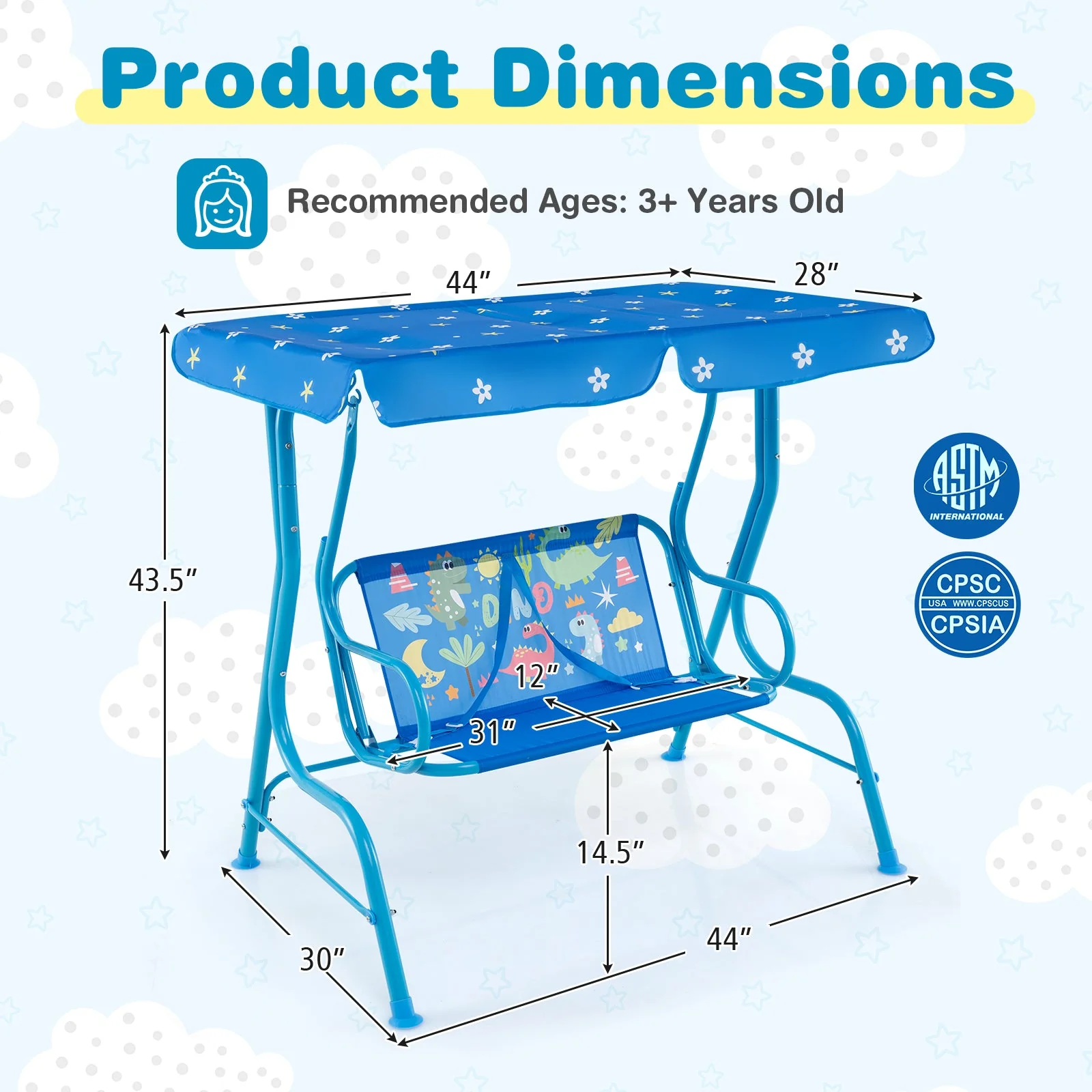 2-Seater Kids Patio Swing with Metal Stand and Adjustable Canopy-Bule - Image 5