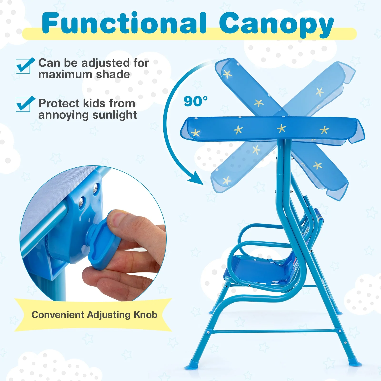 2-Seater Kids Patio Swing with Metal Stand and Adjustable Canopy-Bule - Image 6