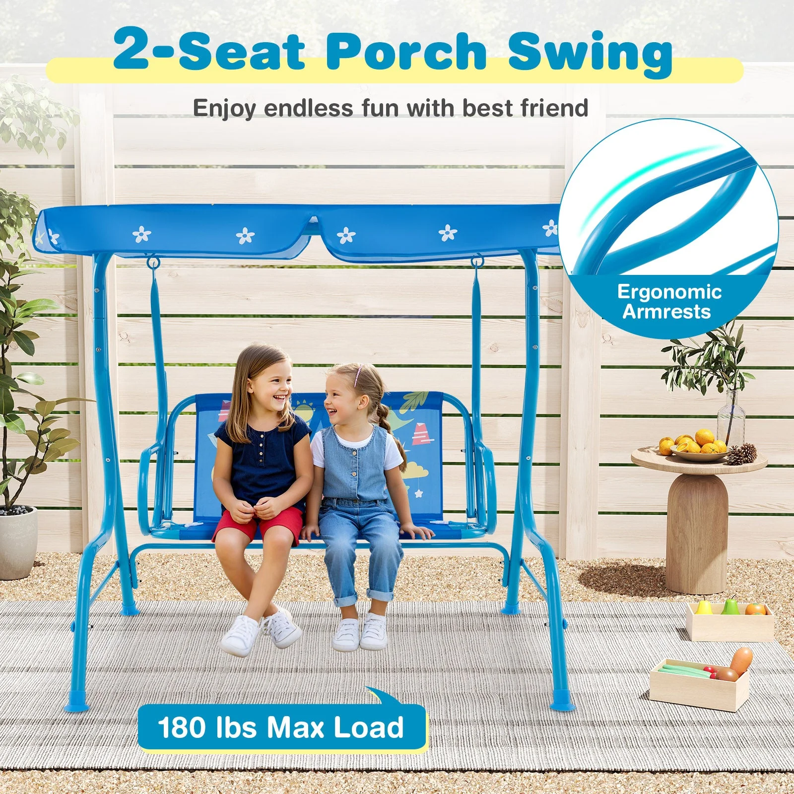 2-Seater Kids Patio Swing with Metal Stand and Adjustable Canopy-Bule - Image 7