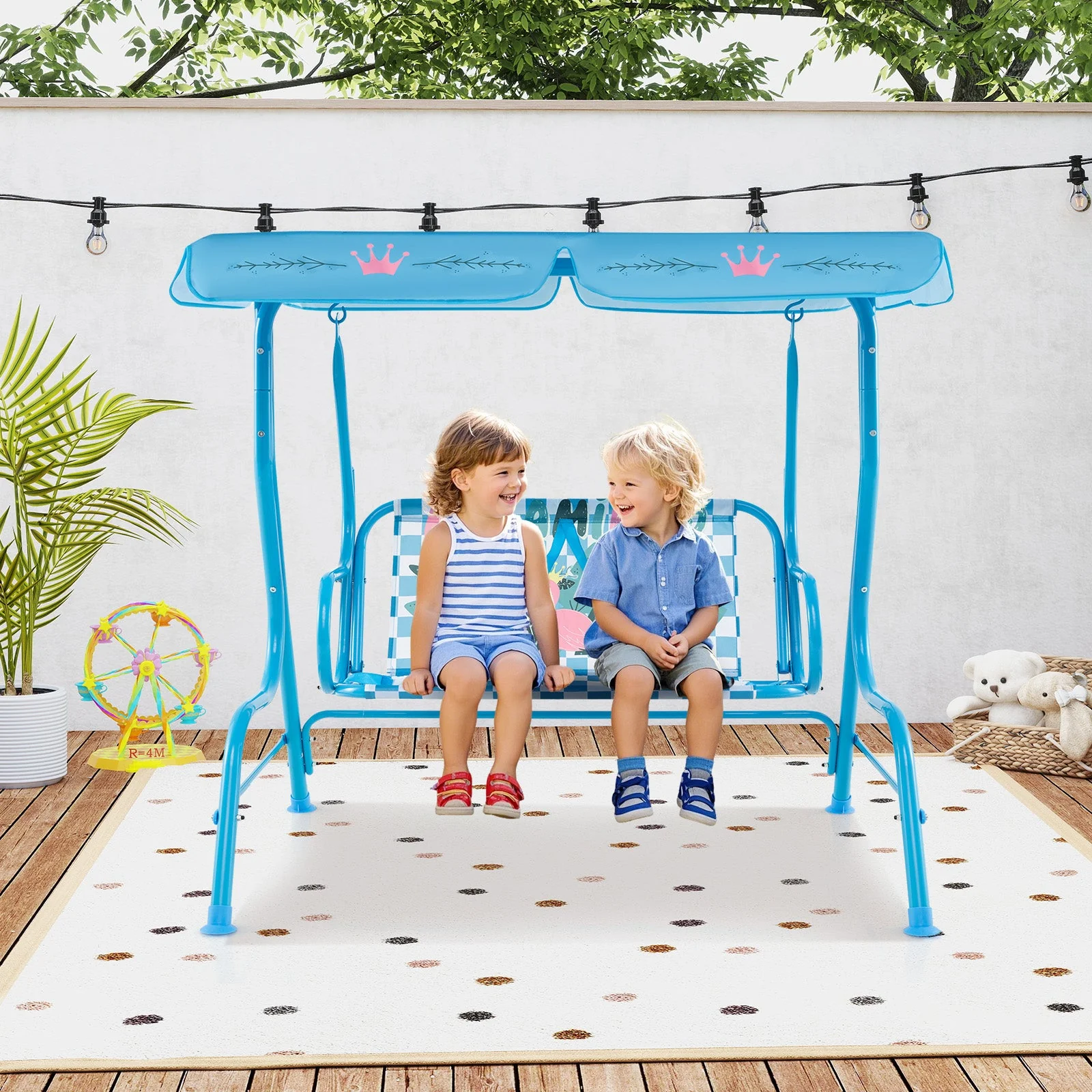 2-Seater Kids Patio Swing with Metal Stand and Adjustable Canopy-Navy - Image 2