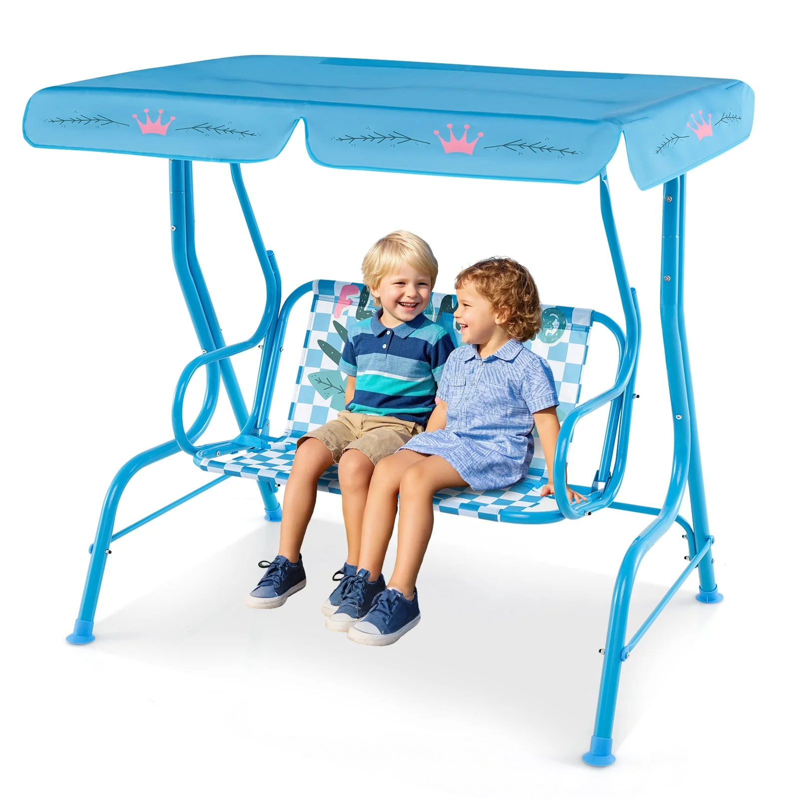 2-Seater Kids Patio Swing with Metal Stand and Adjustable Canopy-Navy - Image 4