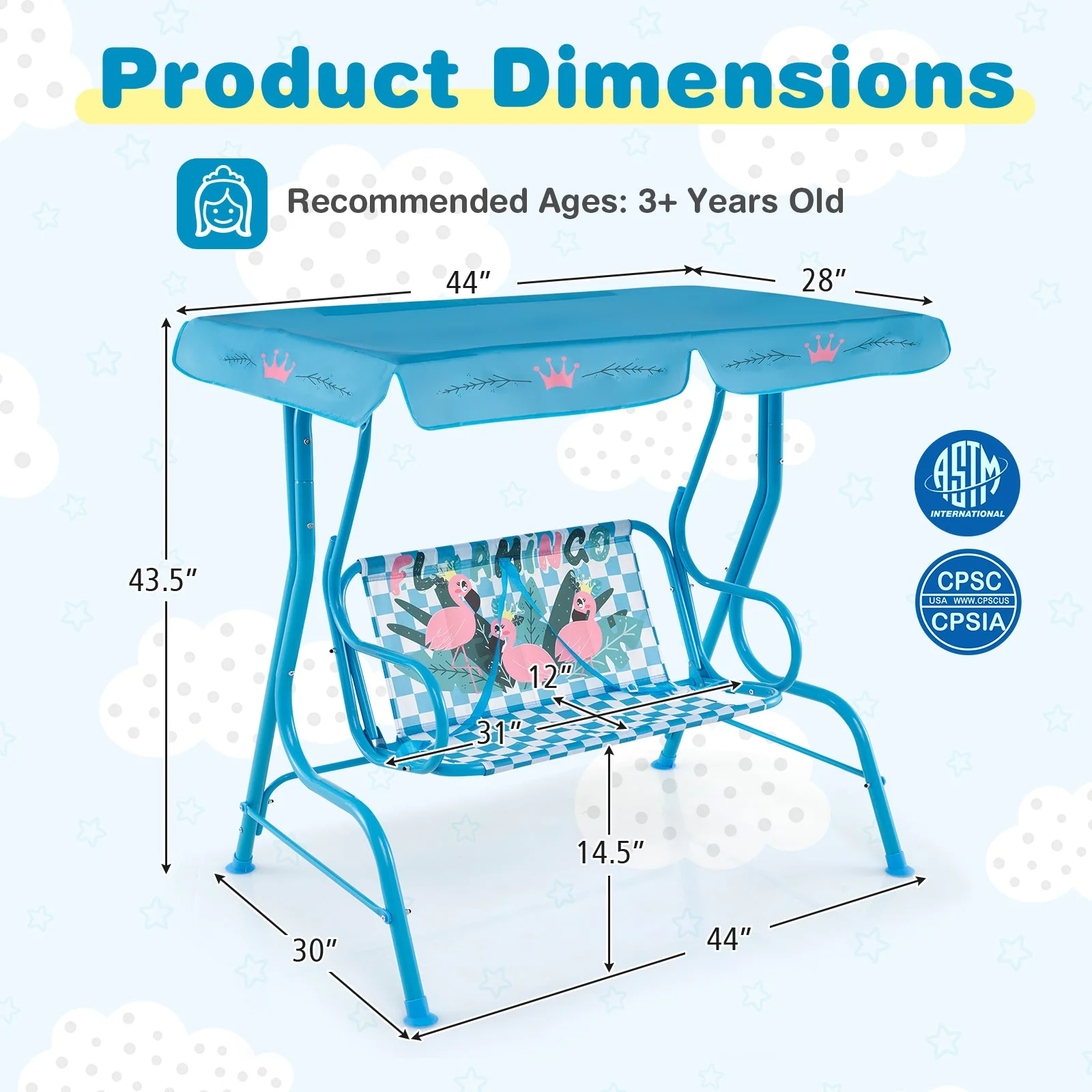 2-Seater Kids Patio Swing with Metal Stand and Adjustable Canopy-Navy - Image 5