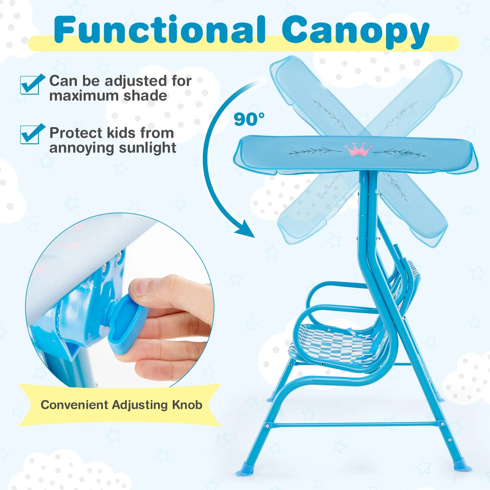 2-Seater Kids Patio Swing with Metal Stand and Adjustable Canopy-Navy - Image 6
