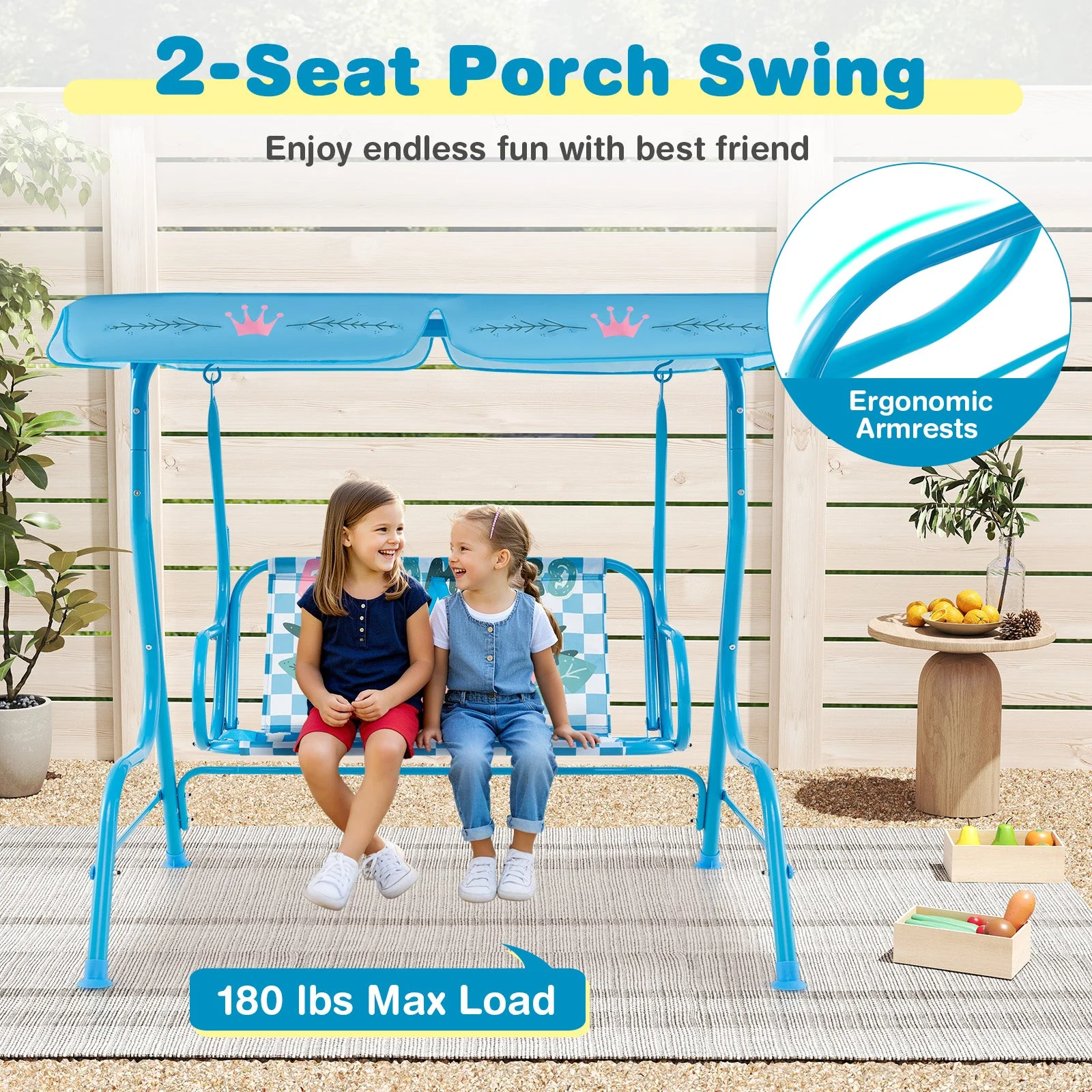 2-Seater Kids Patio Swing with Metal Stand and Adjustable Canopy-Navy - Image 7
