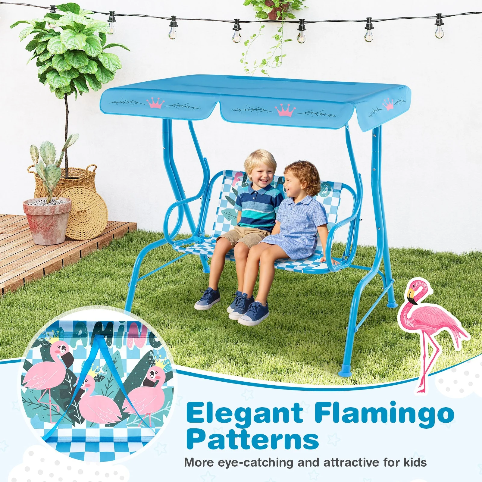 2-Seater Kids Patio Swing with Metal Stand and Adjustable Canopy-Navy - Image 8
