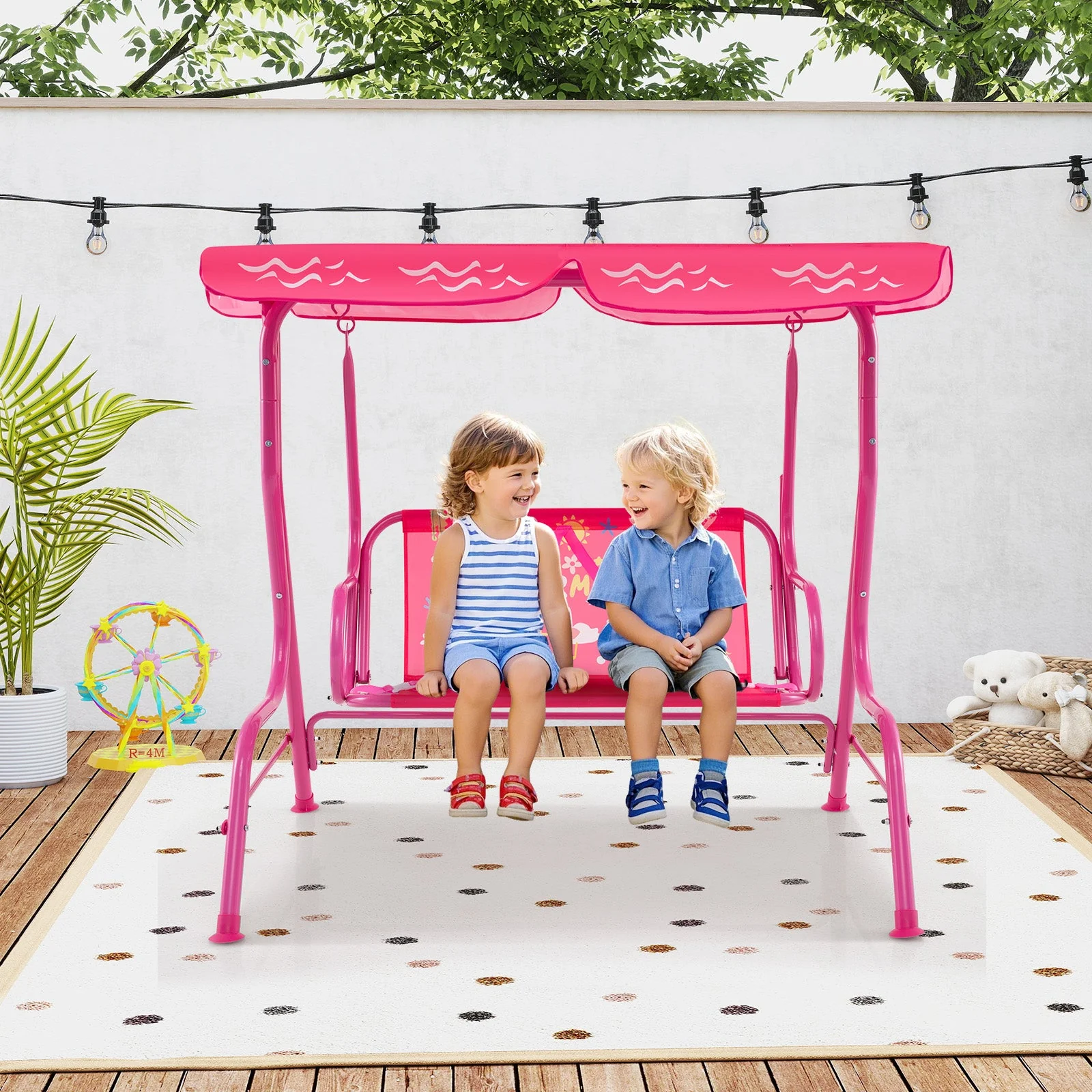 2-Seater Kids Patio Swing with Metal Stand and Adjustable Canopy-Pink - Image 2
