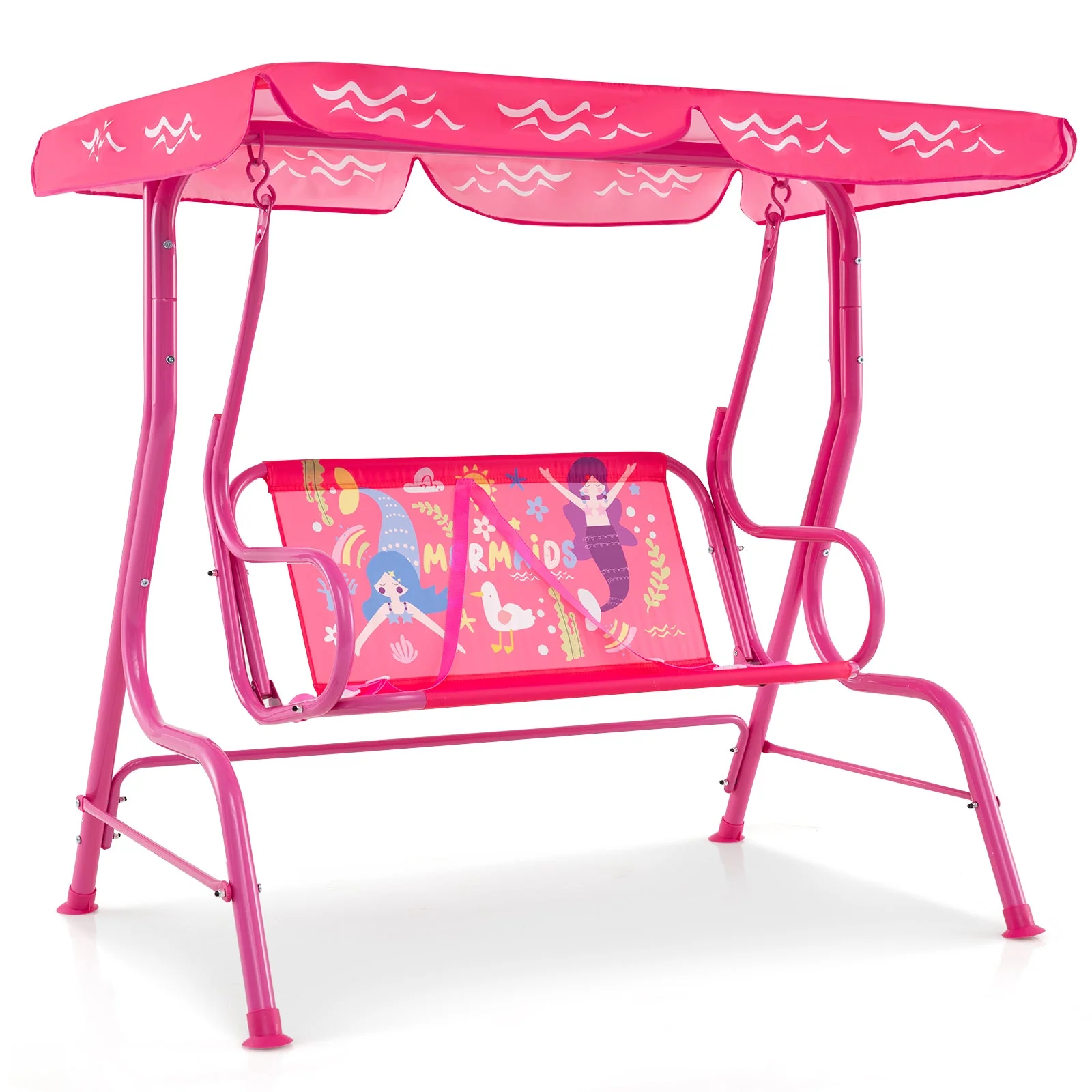 2-Seater Kids Patio Swing with Metal Stand and Adjustable Canopy-Pink - Image 3